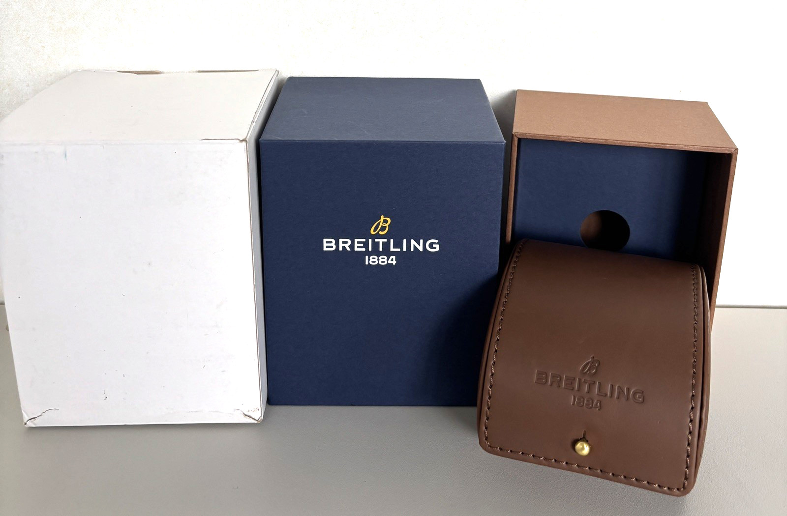 BREITLING 1884 BROWN LEATHER WATCH BOX, OUTER BOX & OUTER SLEEVE BOX SET DF360