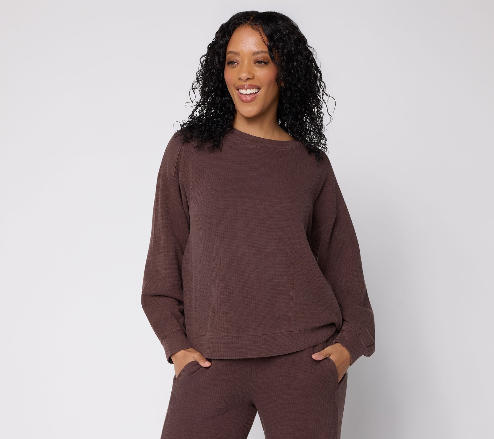 Anybody Women\'s Top Sz L Washed Waffle With Darted Hem Brown A732456