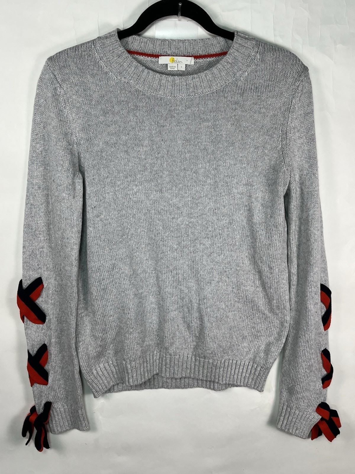 Boden Angelica Gray Wool Cashmere Blend Knit Sweater Red Blue Ribbon Detail Sz S