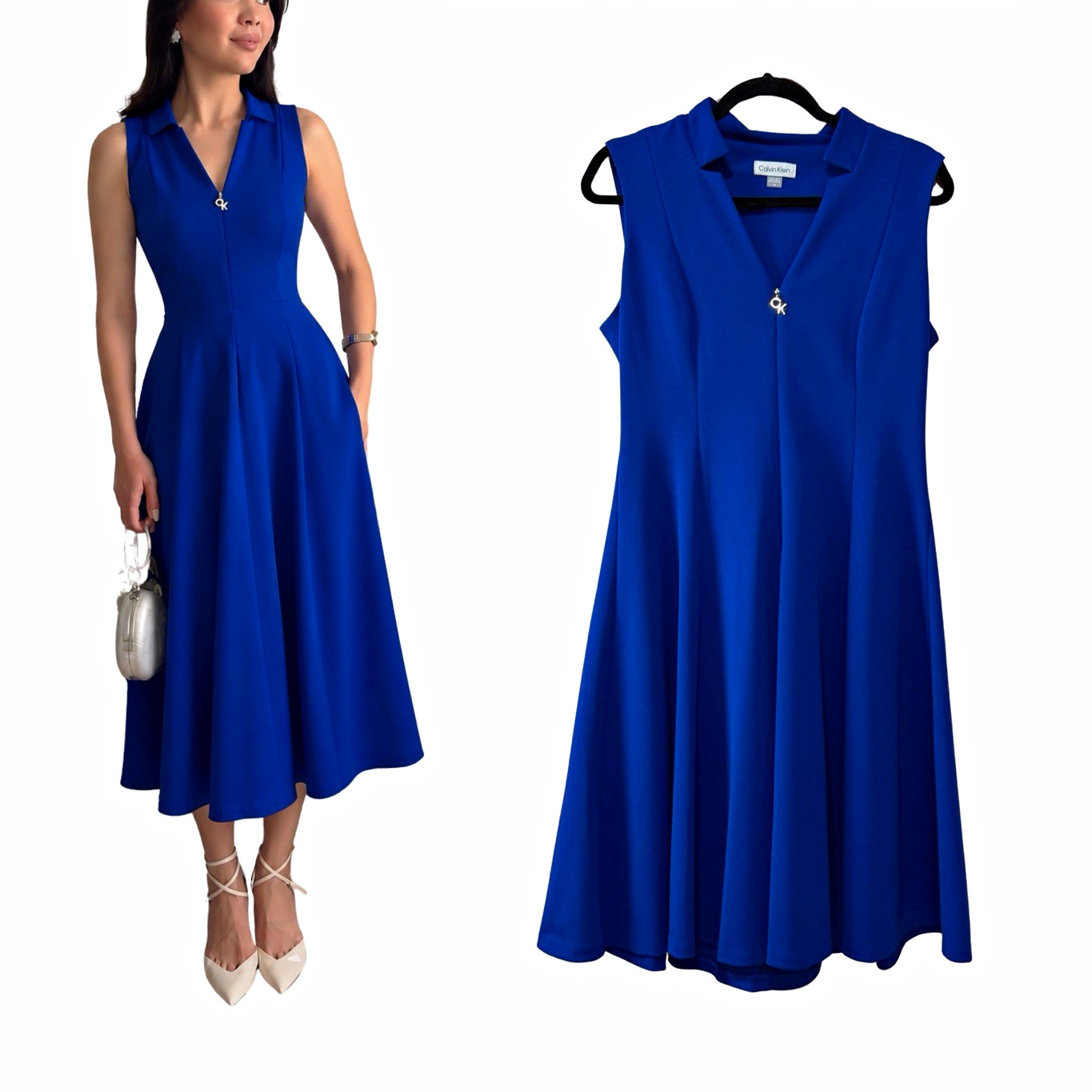 Calvin Klein Blue V-Neck Sleeveless Midi A-Line Dress 4 Crepe Polyester Lined