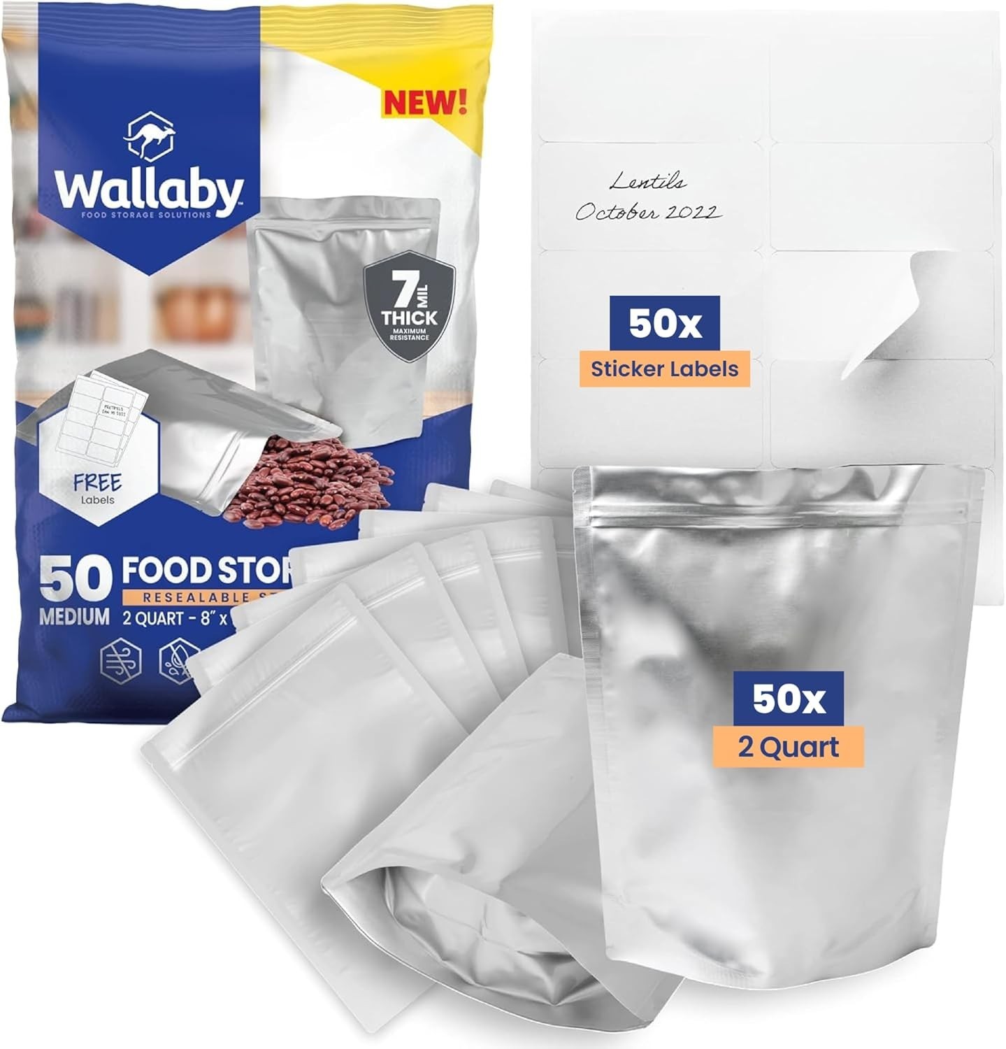 Wallaby 50ct 2-Quart Gusset Mylar Bags 14 Mil Zipper Food Storage w/ Labels Wallaby 50ct 2-Quart Gusset Mylar Bags 14 Mil Zipper Food Storage w/ Labels