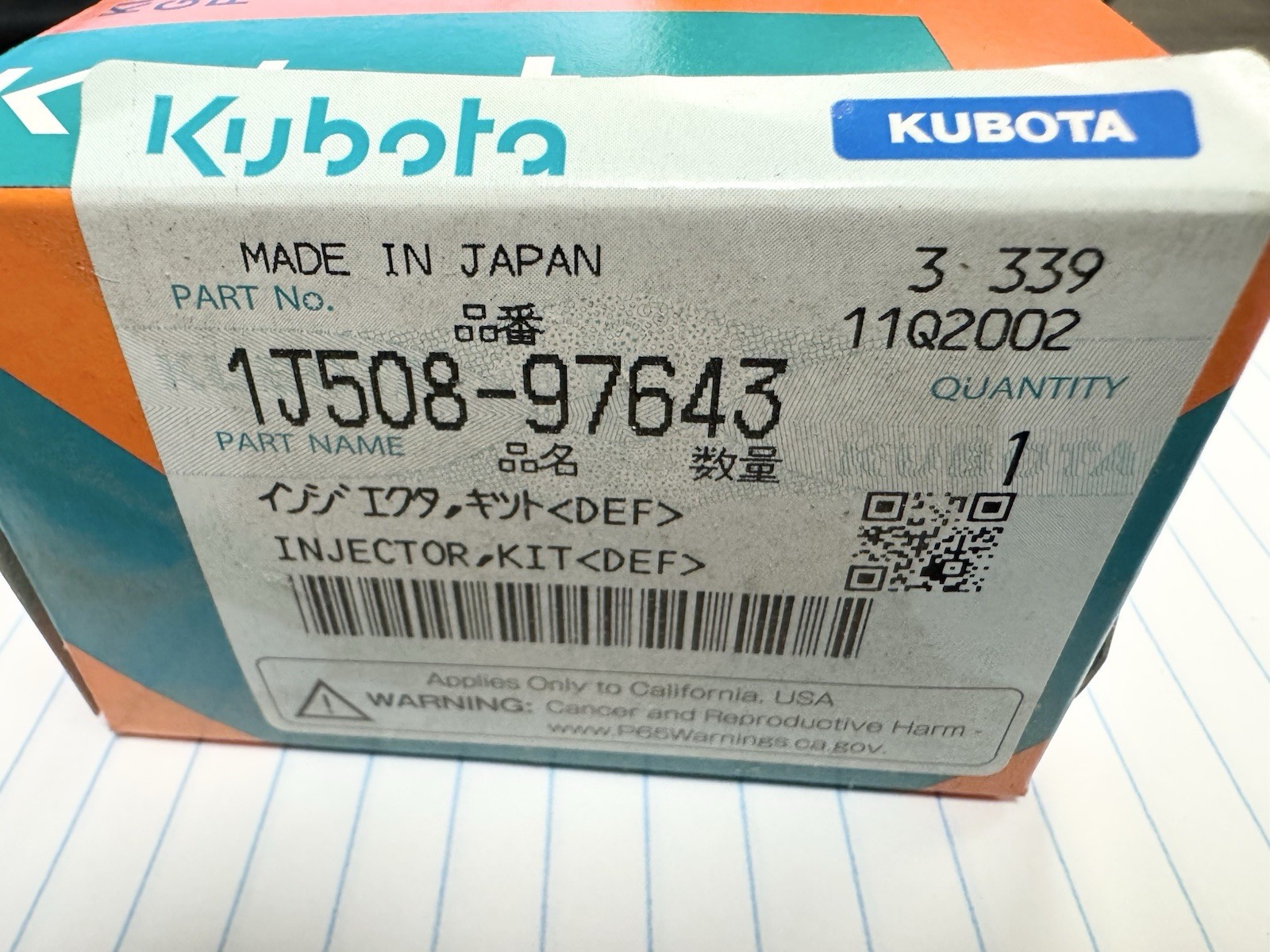 Genuine Kubota 1J508-97643, 1J508-97641 DEF Injector Kit