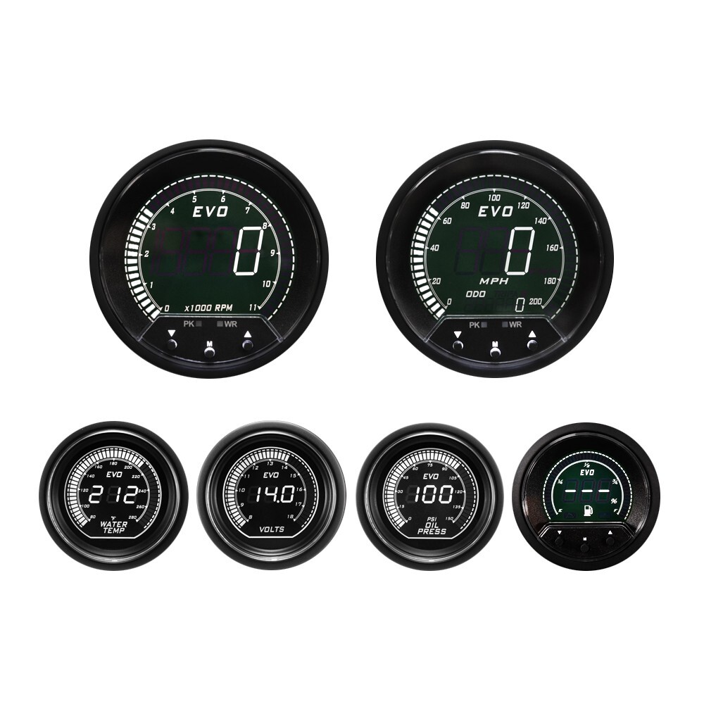 EVO Digital 6 Gauge Set GPS Speedometer White & Green LCD MPH °F PSI 85mm & 52mm EVO Digital 6 Gauge Set GPS Speedometer White & Green LCD MPH °F PSI 85mm & 52mm