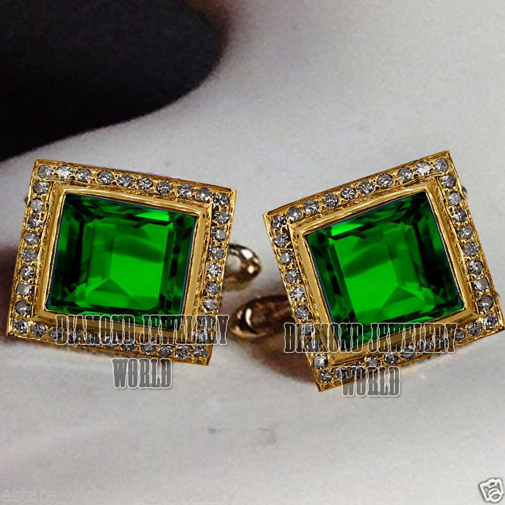 Stunning 1.48ctw Rose Cut Diamond Emerald Silver Vintage Men\'s Cufflinks Jewelry