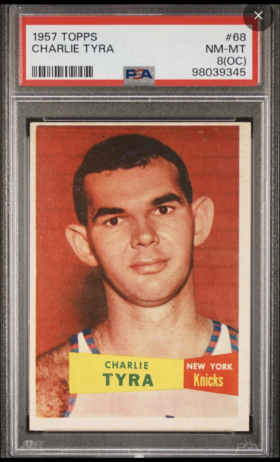 1957 TOPPS #68 CHARLIE TYRA ROOKIE RC PSA 8 1957 TOPPS #68 CHARLIE TYRA ROOKIE RC PSA 8