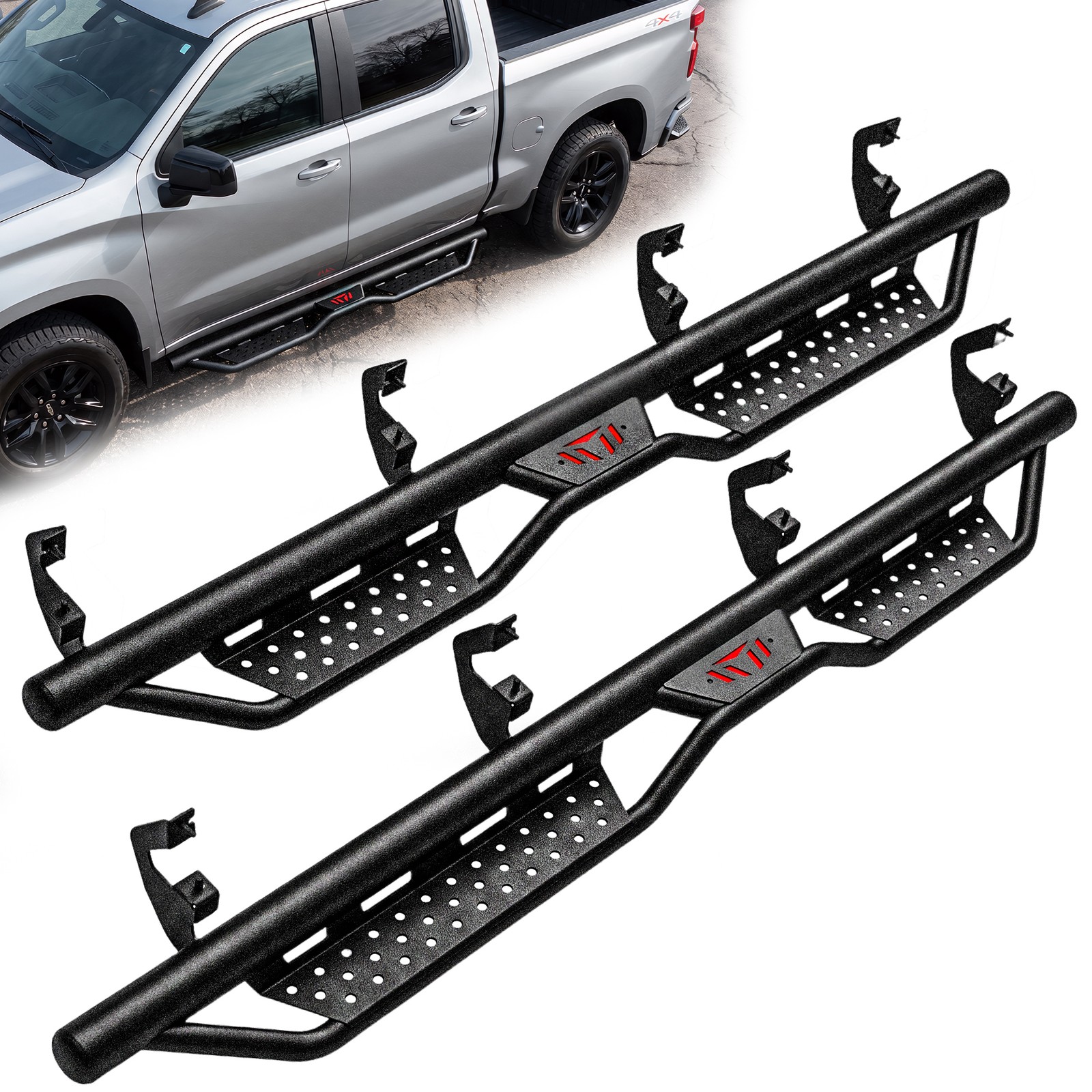 6 Running Boards for 2019-2026 Chevy Silverado 1500 Crew Cab Side Step Bars Red
