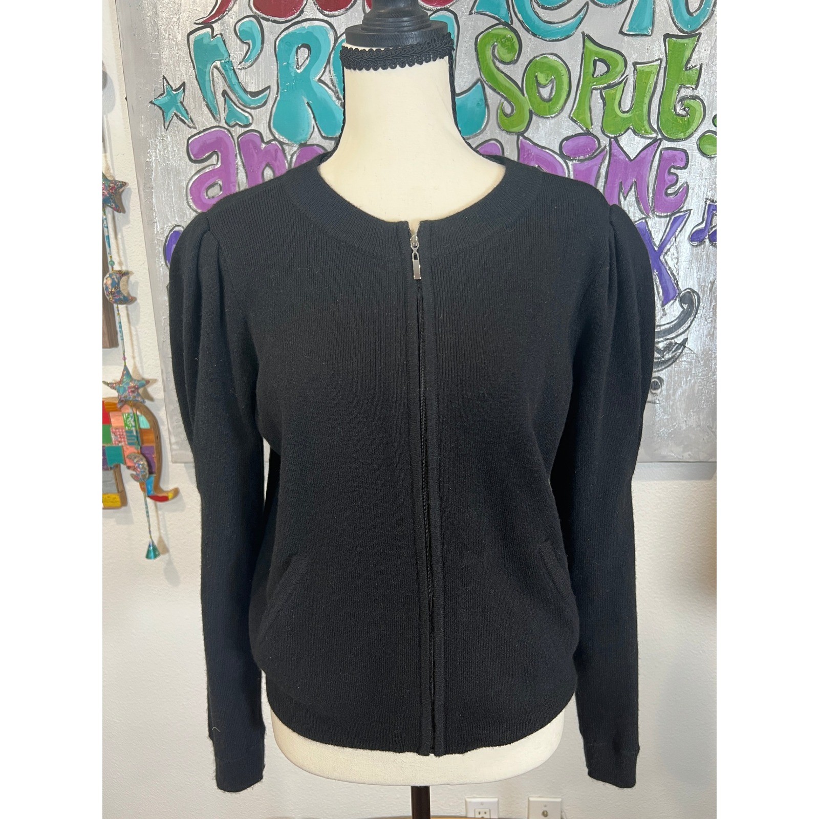Charter Club Luxury 100% Cashmere Puff Sleeve Zip Cardigan Black PL NWT