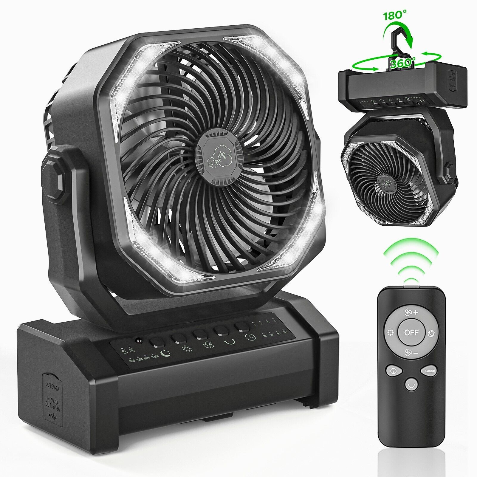 20000mAh 60hrs  Rechargeable Automatic Oscillating Camping Fan with LED and Hook