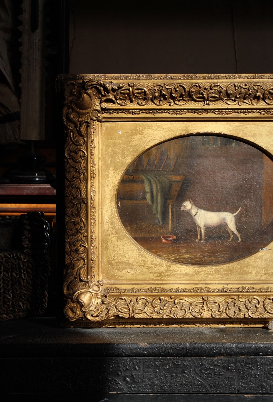 Early 19th C Naive English School Oil on Canvas White Bull Terrier Folk Art Early 19th C Naive English School Oil on Canvas White Bull Terrier Folk Art