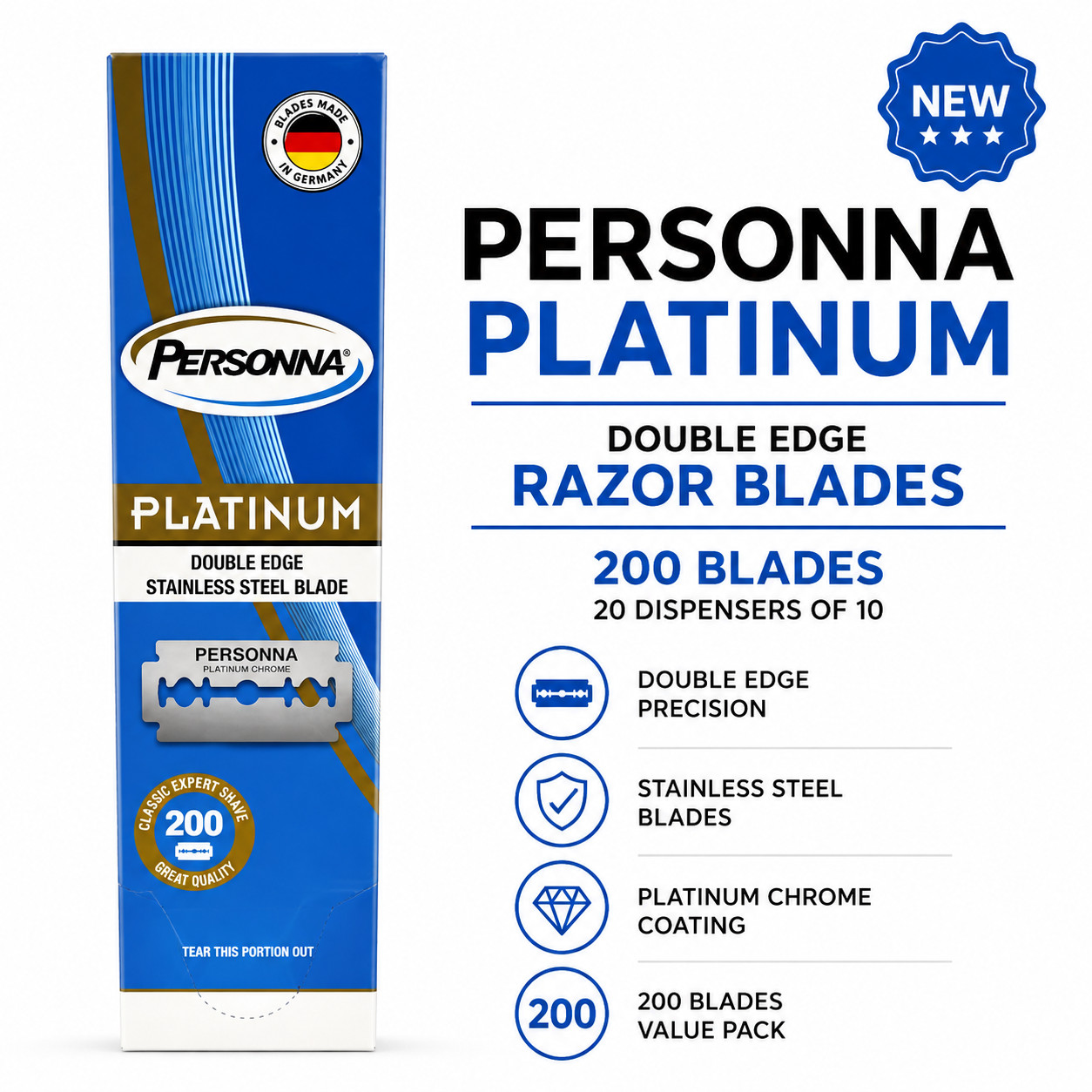 Personna Platinum Double Edge Razor Blades 200 Count 20 Dispensers x 10 New