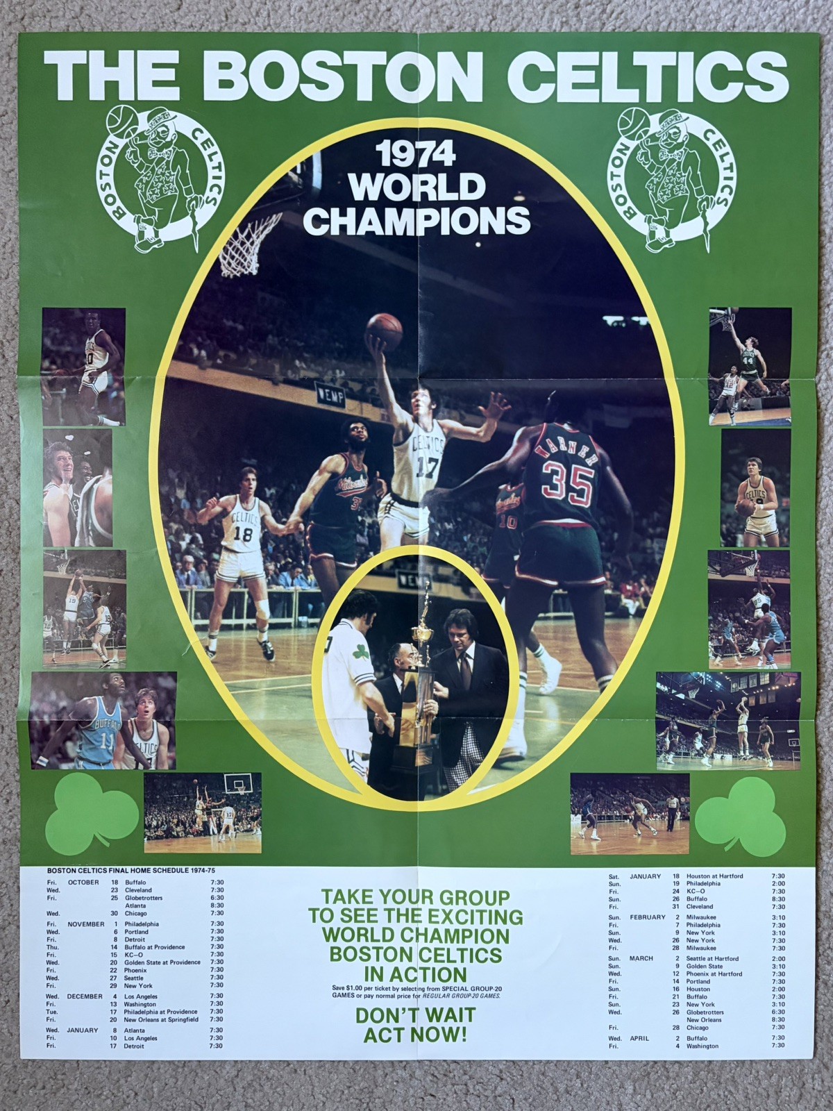 RARE Boston Celtics 1974 NBA Champions POSTER Havlicek Cowens Heinsohn VTG LOOK