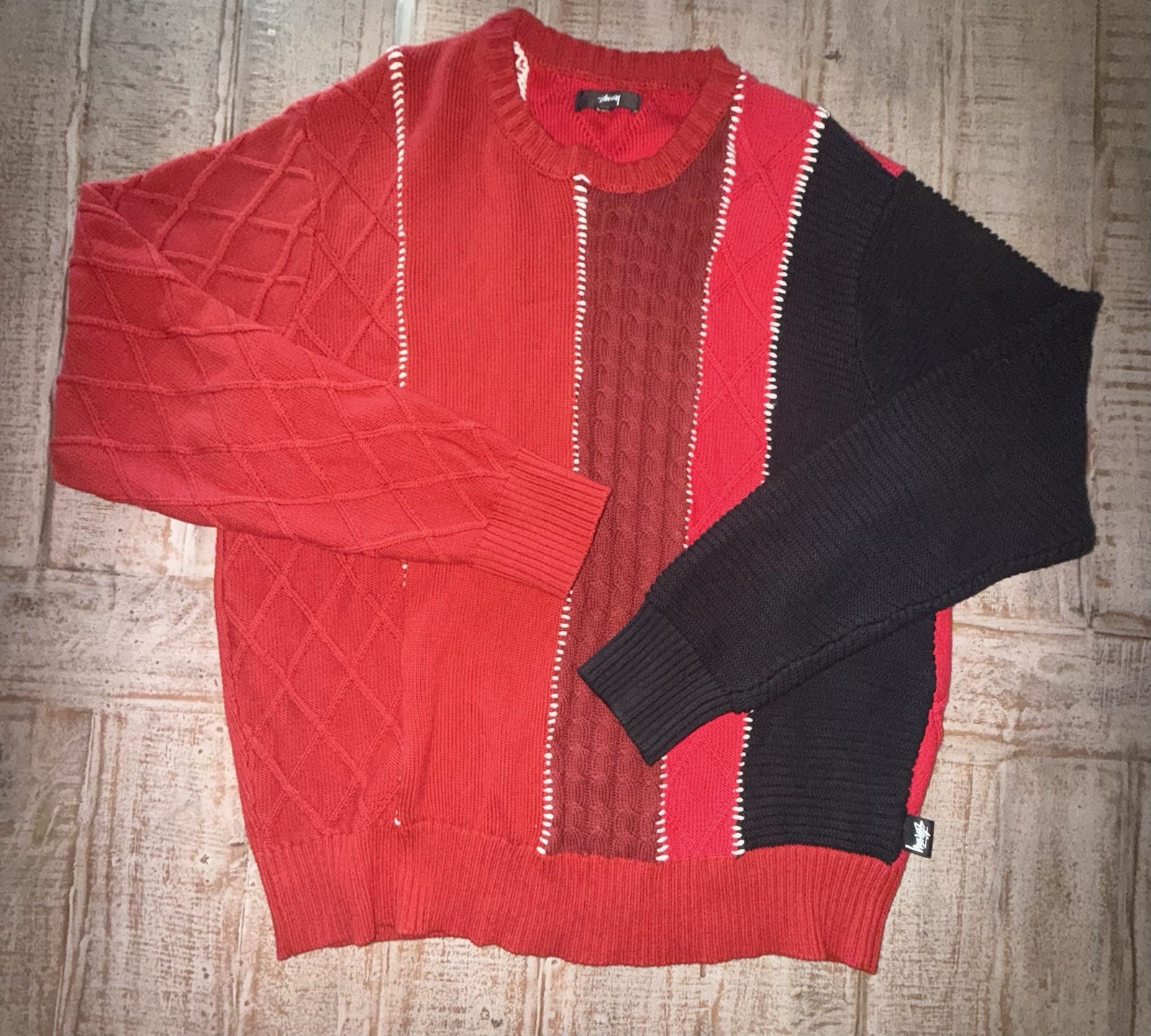 STÜSSY Archive Patchwork Multi-Knit Crewneck Sweater Rose