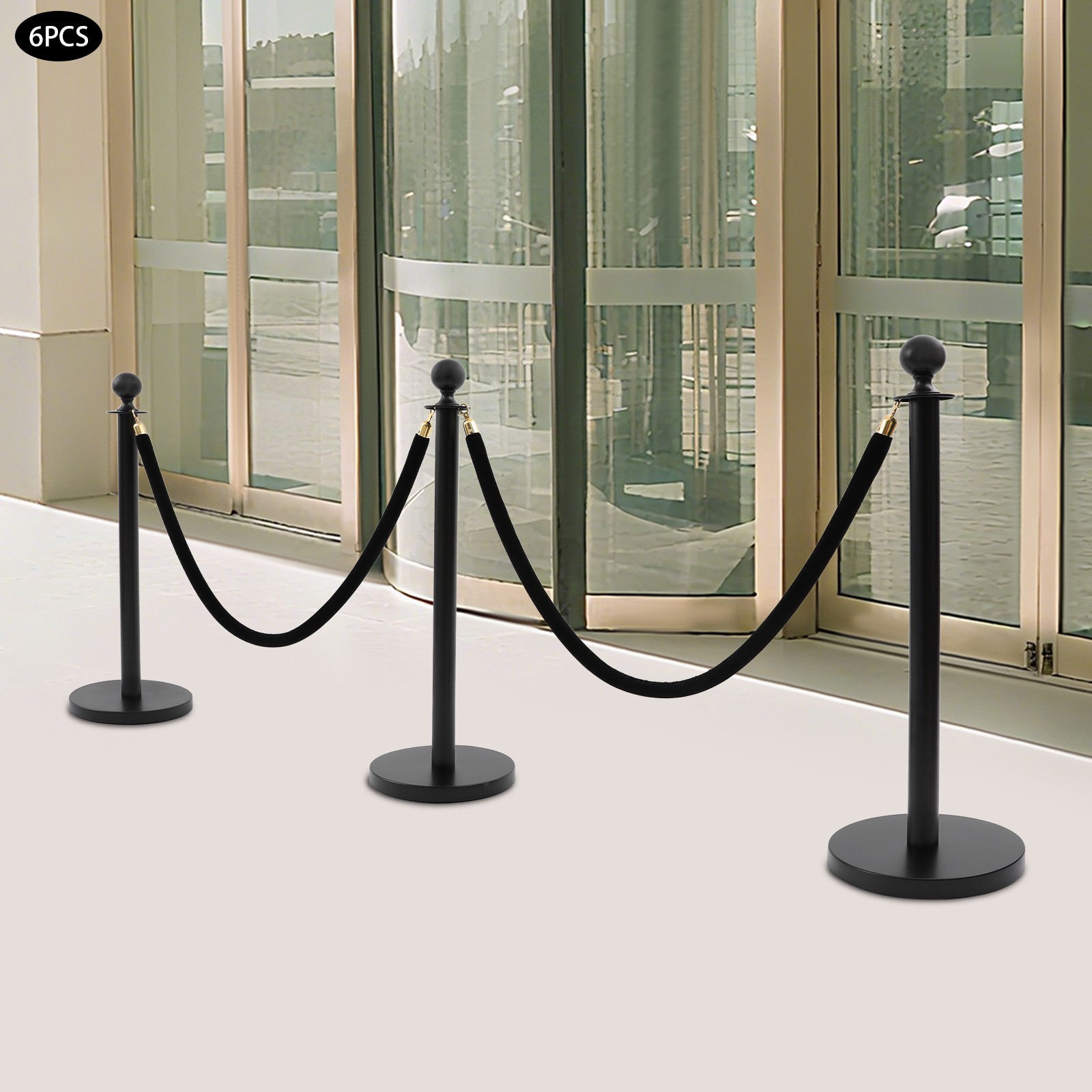 6 PCS Black Stanchion Posts Queue Pole w/ 4 1.5M Ropes Crowd Control Barrier NEW