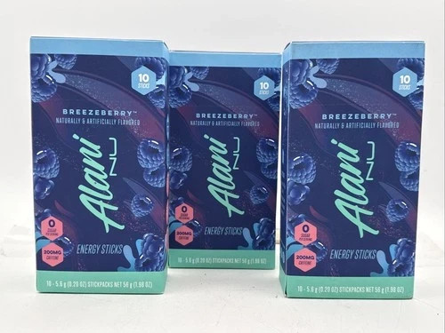3PK Alani Nu BREEZEBERRY, Energy Sticks Drink Powder, 200mg Caffeine ex2025 3PK Alani Nu BREEZEBERRY, Energy Sticks Drink Powder, 200mg Caffeine ex2025