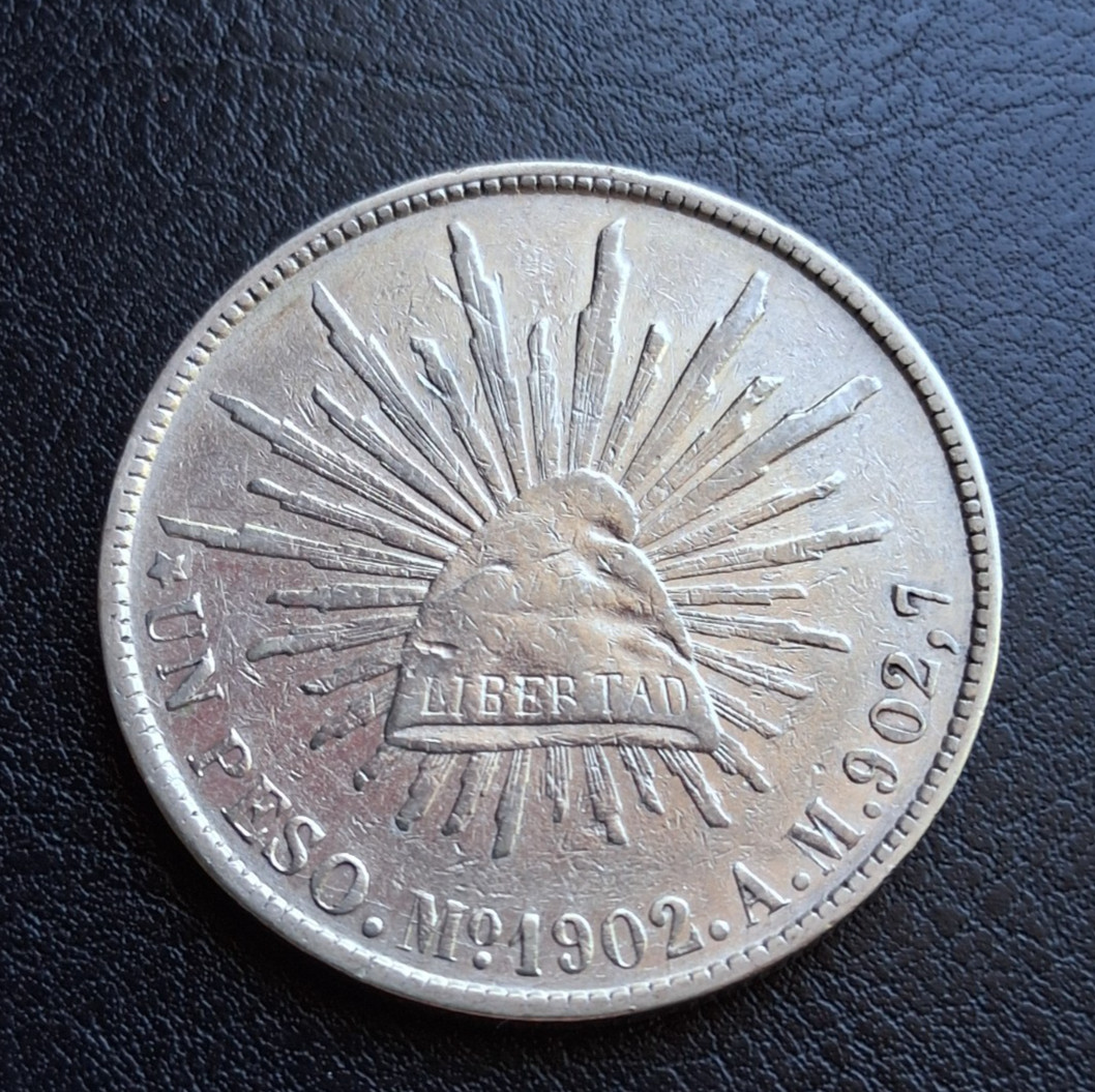 Silver Coins 1902 Mo. Mexico - 1 Peso Cap & Rays -Crown size Silver coin Silver Coins 1902 Mo. Mexico - 1 Peso Cap & Rays -Crown size Silver coin