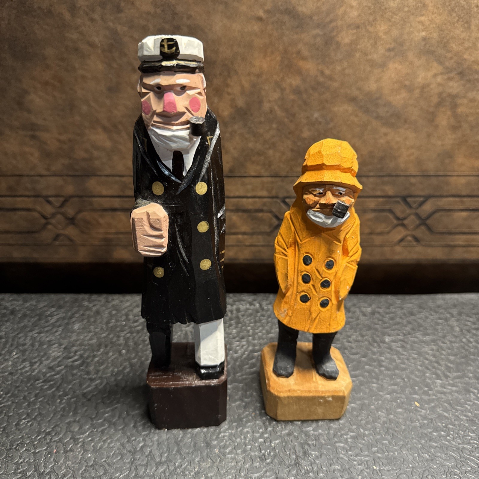Hand Painted Carved Wood Nautical Costal Figurines Set, Fisherman & Captain 2pc