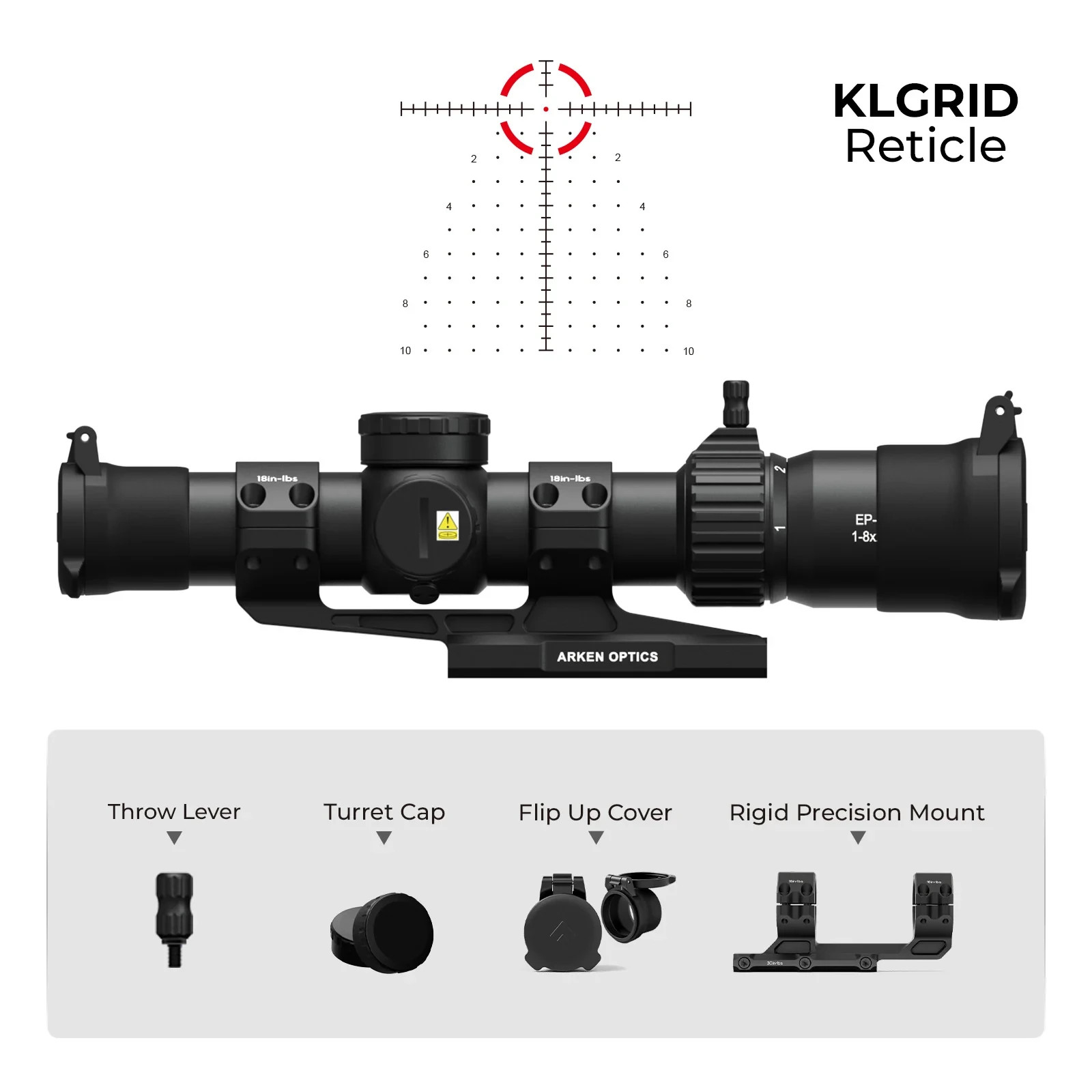 Arken Optics Scope EP-8 1-8x28 34mm Tube MRAD KLGRID FFP MIL Reticle with Mount