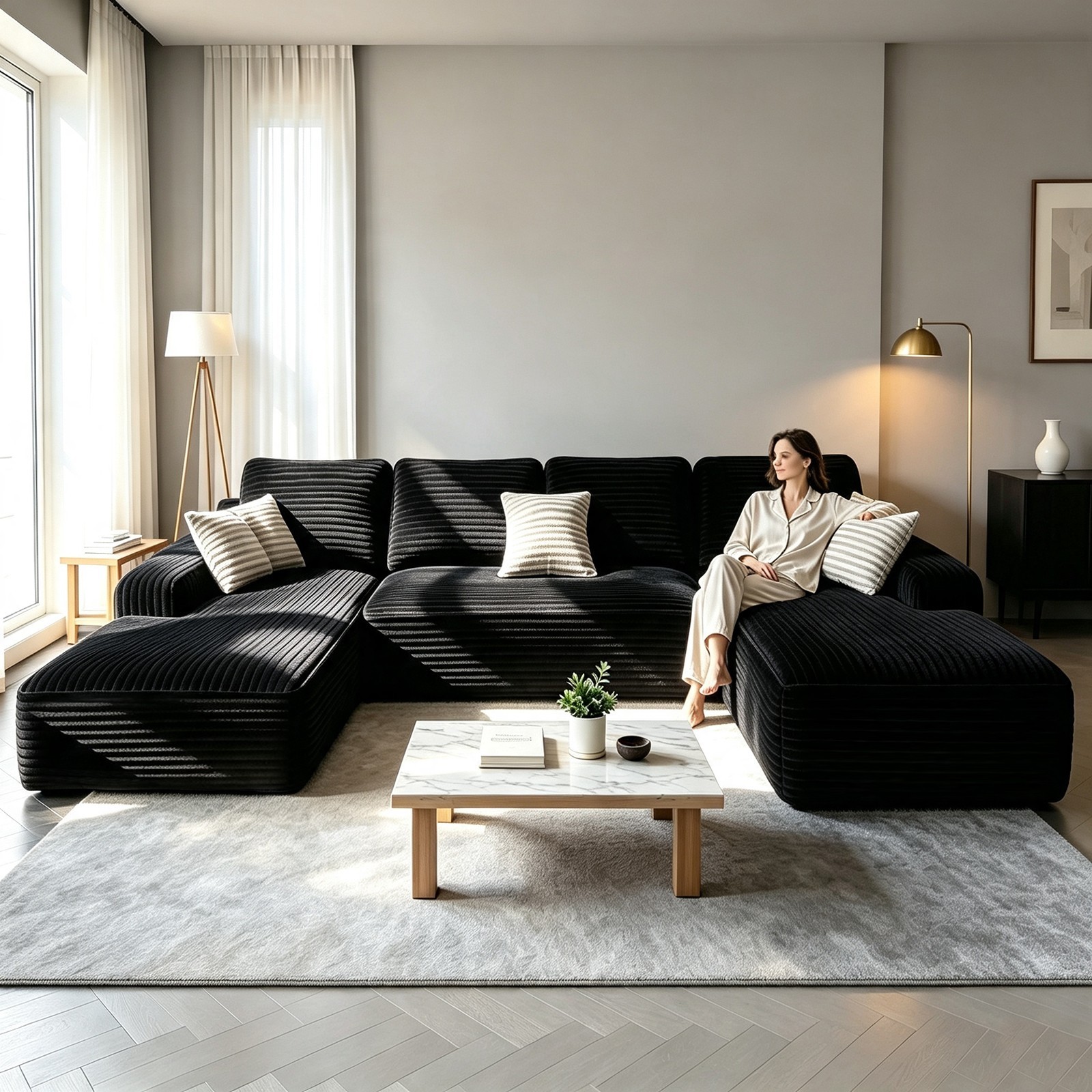 131-inch Modern U-Shaped Sectional Sofa with Foam Backrest & Corduroy Upholstery
