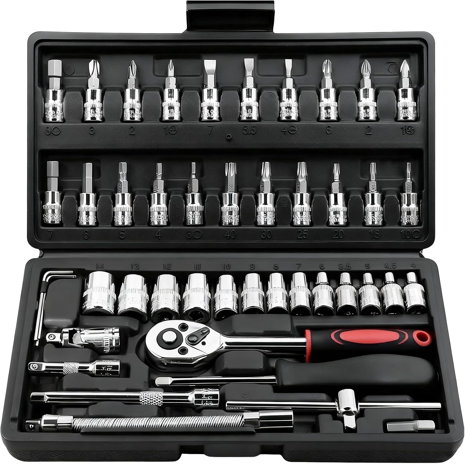 46PC 1/4in Drive Socket Ratchet Wrench Set Metric Bit Extension Bar Storage Case