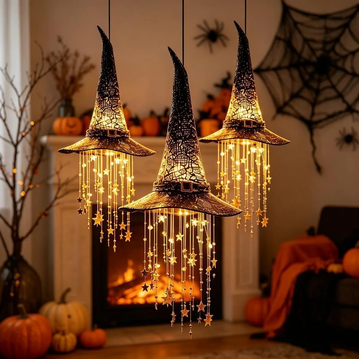 Lighted Witch Hat Hanging Chime Halloween Outdoor Glowing Mesh Decor