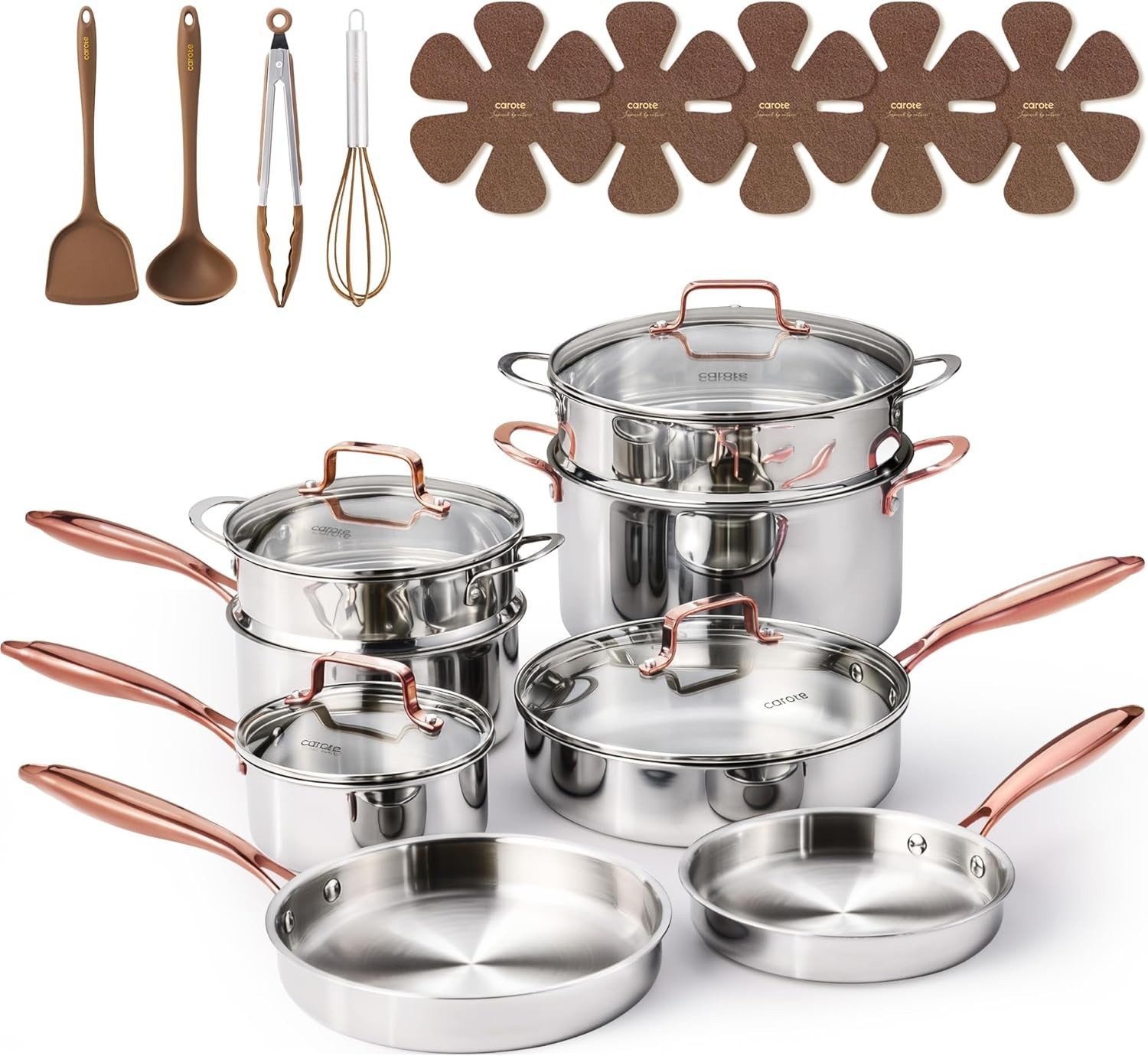 CAROTE 21pcs Tri-Ply Stainless Steel Cookware Set - Gold