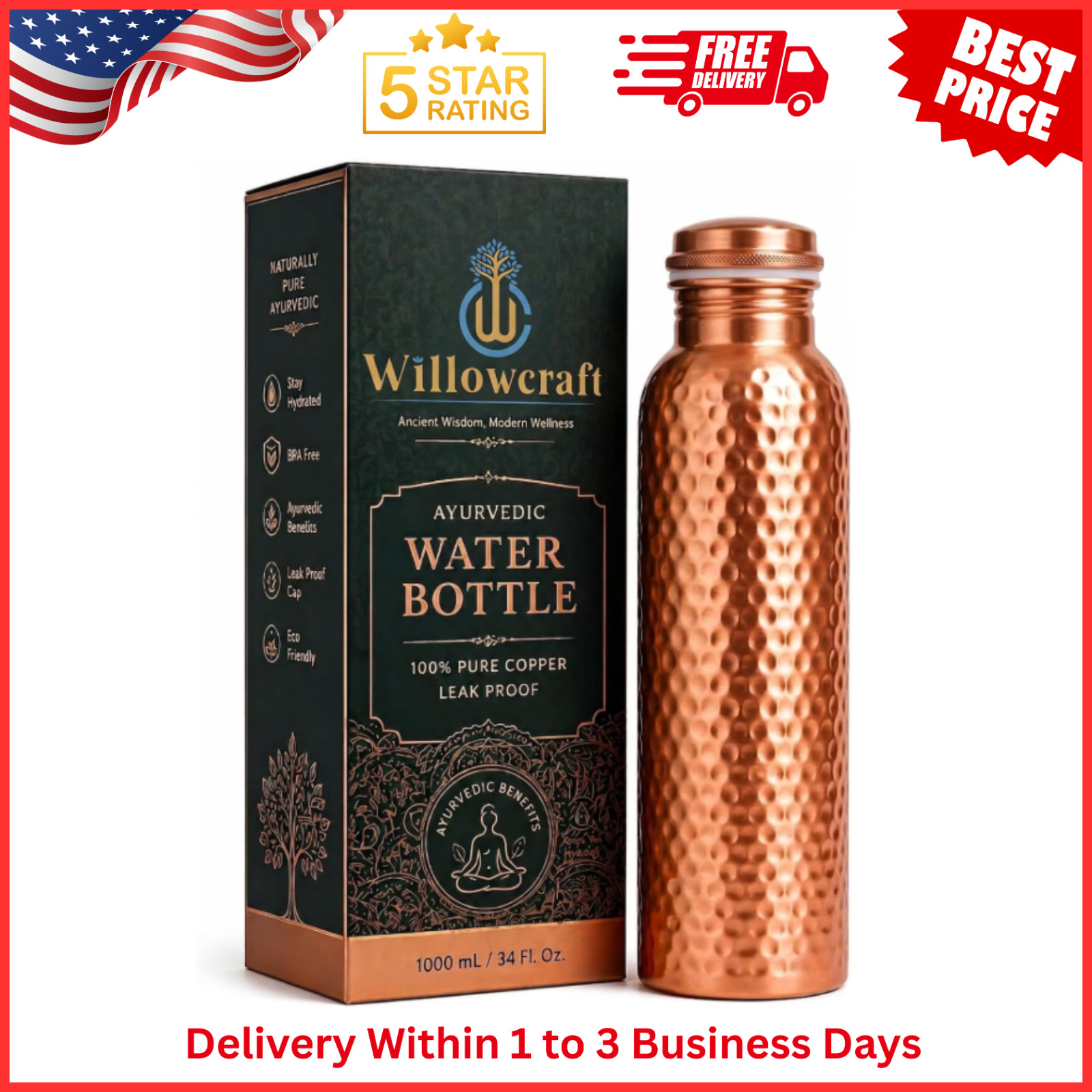 34oz Pure Copper Water Bottle - Handmade Hammered Finish - Ayurvedic Health USA 34oz Pure Copper Water Bottle - Handmade Hammered Finish - Ayurvedic Health USA