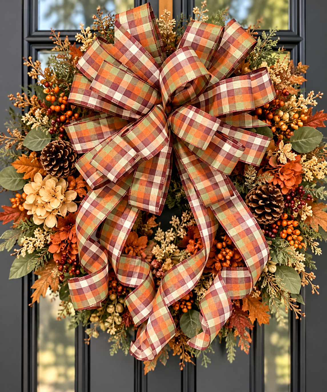 Fall Plaid Bow, Autumn Wreath Bow, Orange Burgundy Sage Green Gingham Bow