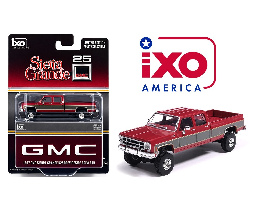 IXO Model 1977 GMC Sierra Grande K2500 Crew Cab Wideside Dark Red & Silver 1/64
