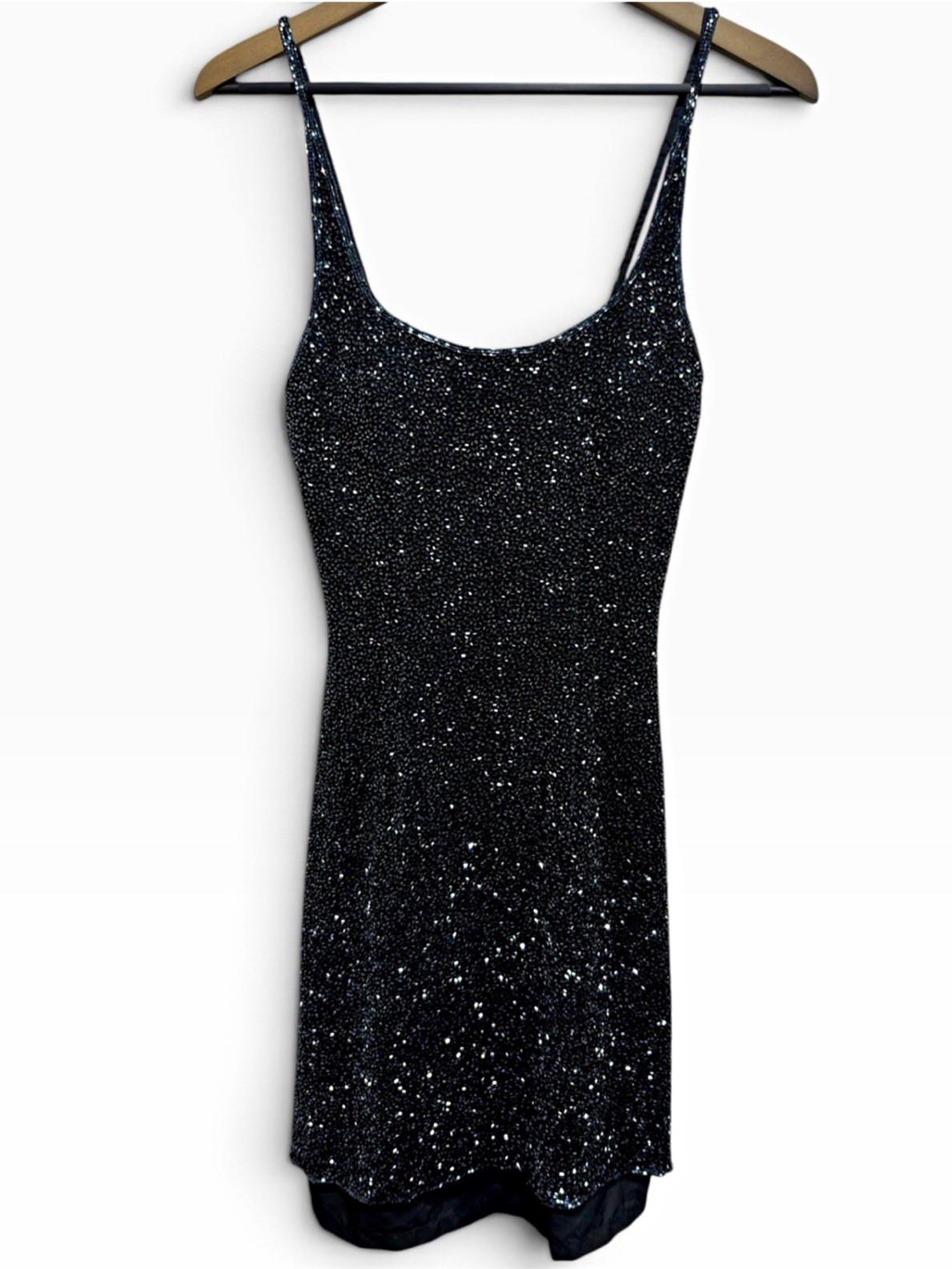 Vintage 90s Y2K Black Fully Beaded 100% Silk Slip Dress S Holiday Dress