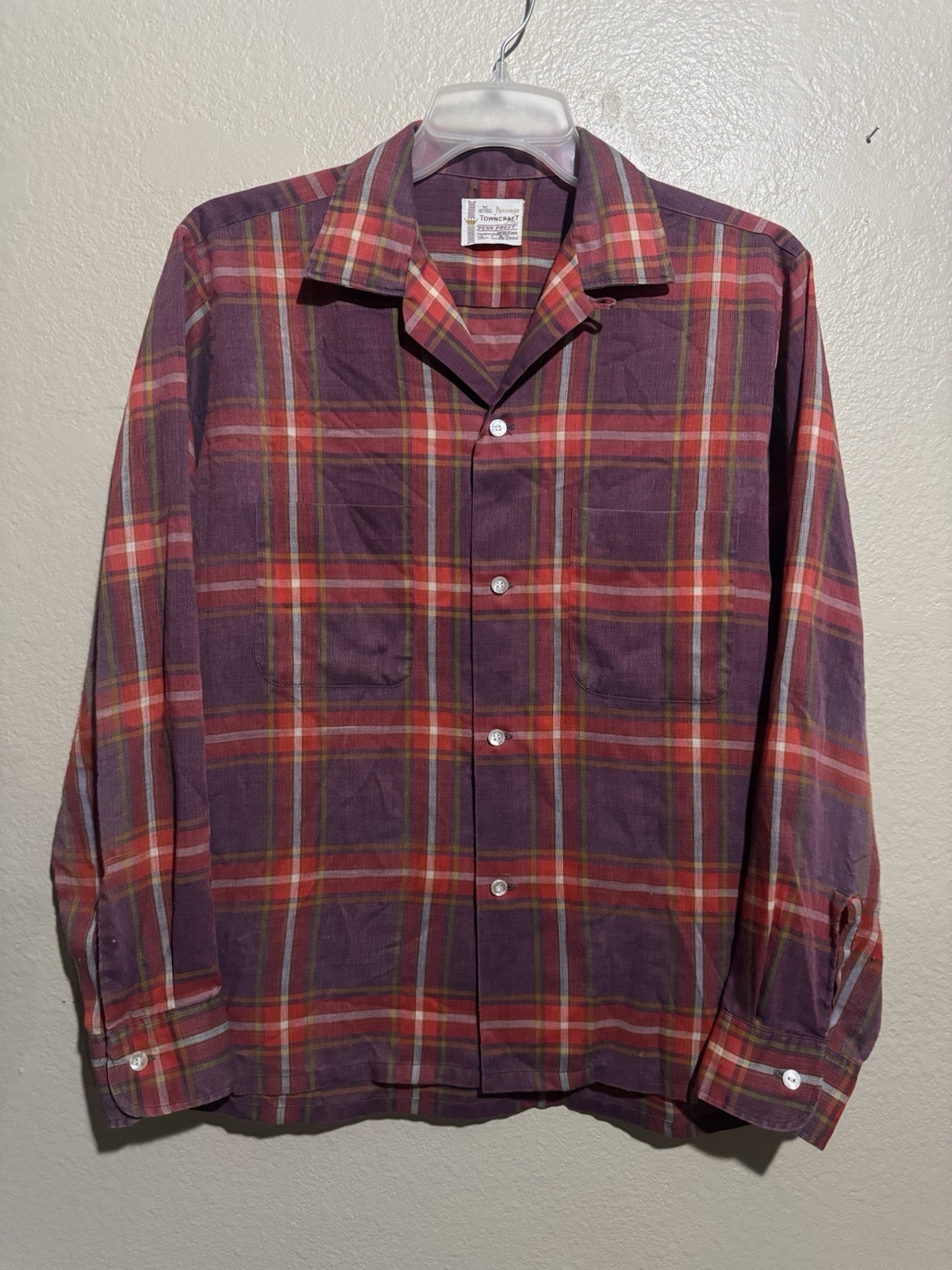 Vtg 60s Penneys Towncraft Loop Collar Shirt Men’s M Red/Purple Plaid Lightweight