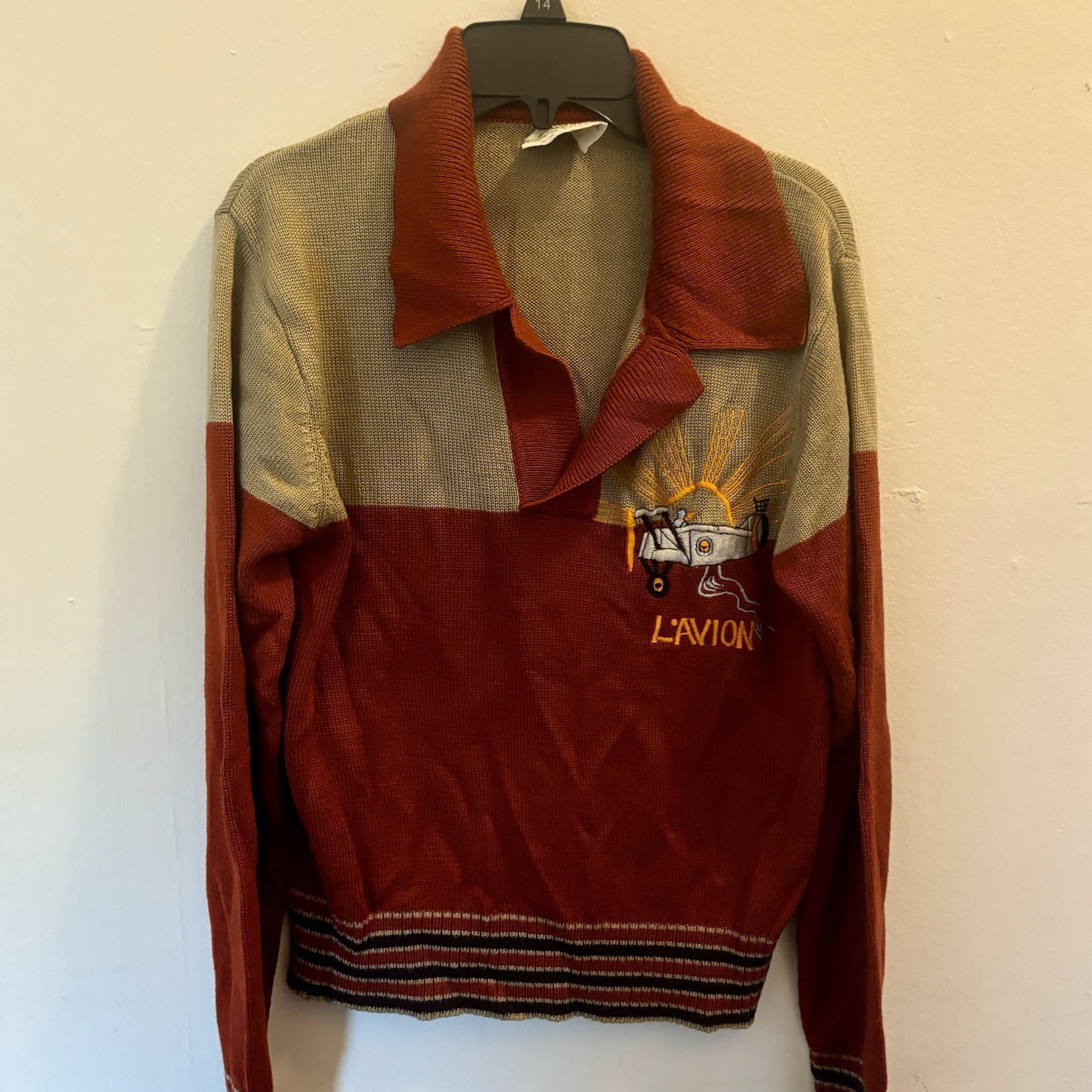 Vintage 70s Saxony L’Avion Airplane Sweater Knit Polo Collar Acrylic S