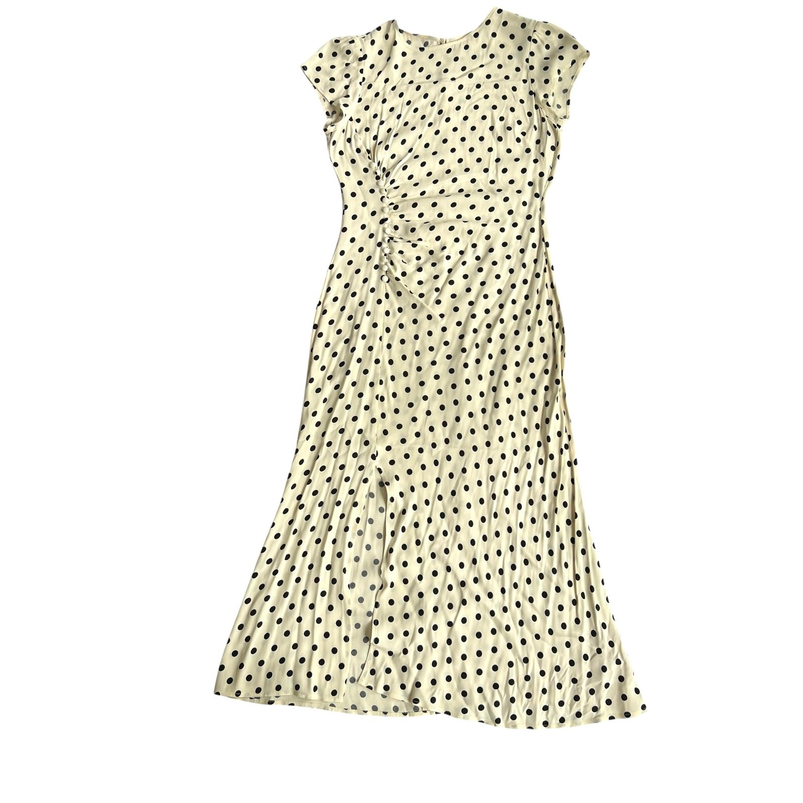 Reformation Polka Dot Midi Dress Side Slit Ruched Button Detail 10 Retail $278