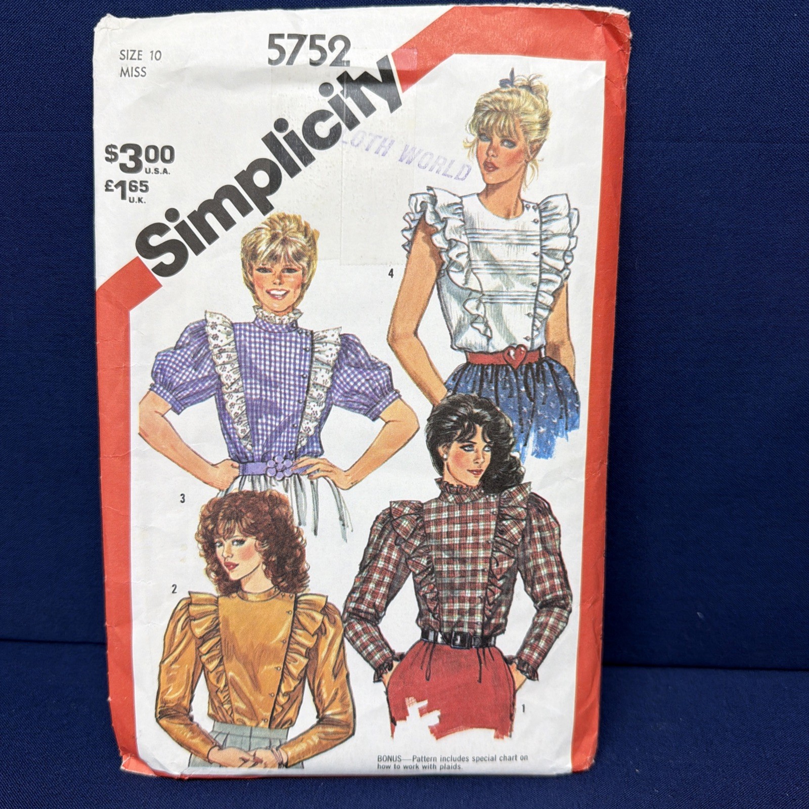 Vtg 80's Simplicity 5752 RUFFLED ASYMMETRICAL BLOUSE Sewing Pattern Women Sz 10 Vtg 80's Simplicity 5752 RUFFLED ASYMMETRICAL BLOUSE Sewing Pattern Women Sz 10