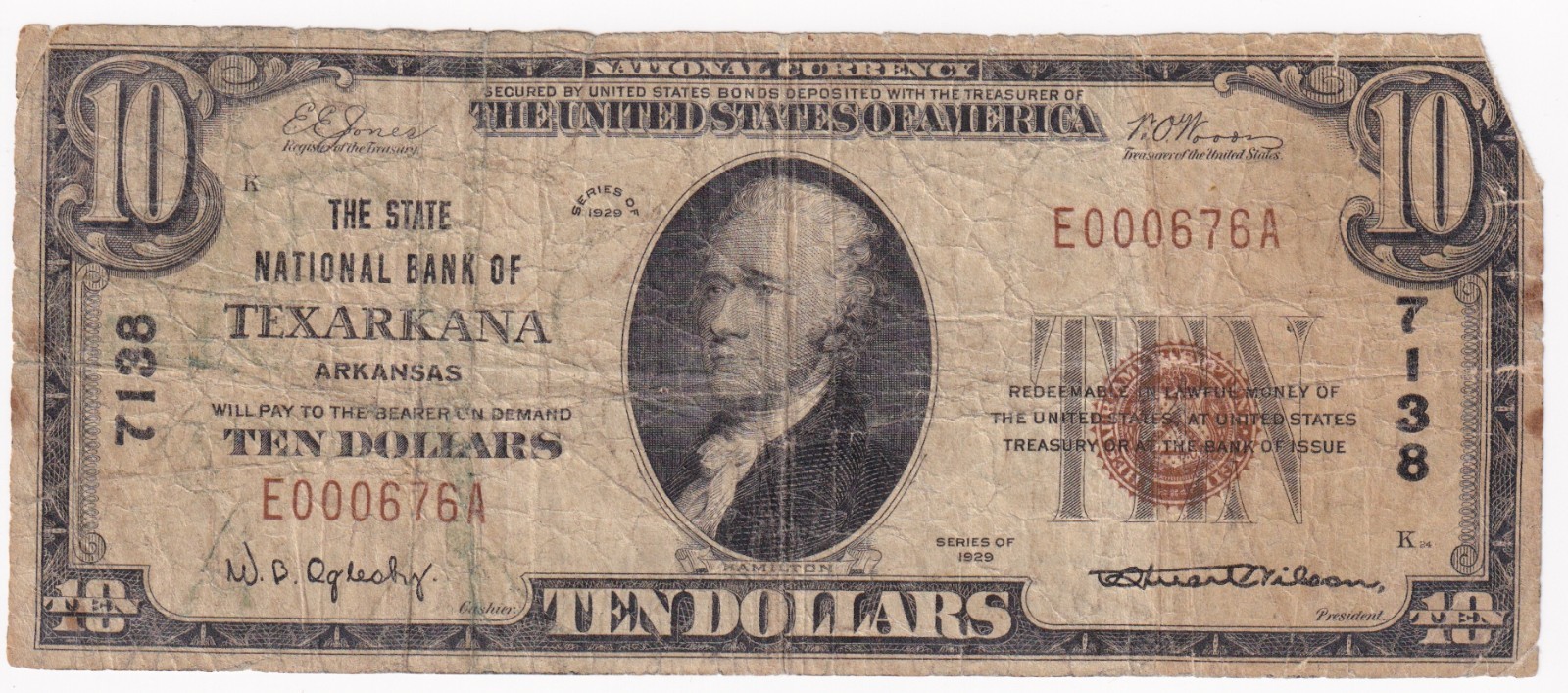 1929 $10 National Bank Note Texarkana AR Charter 7138 Type 1 Brown Seal