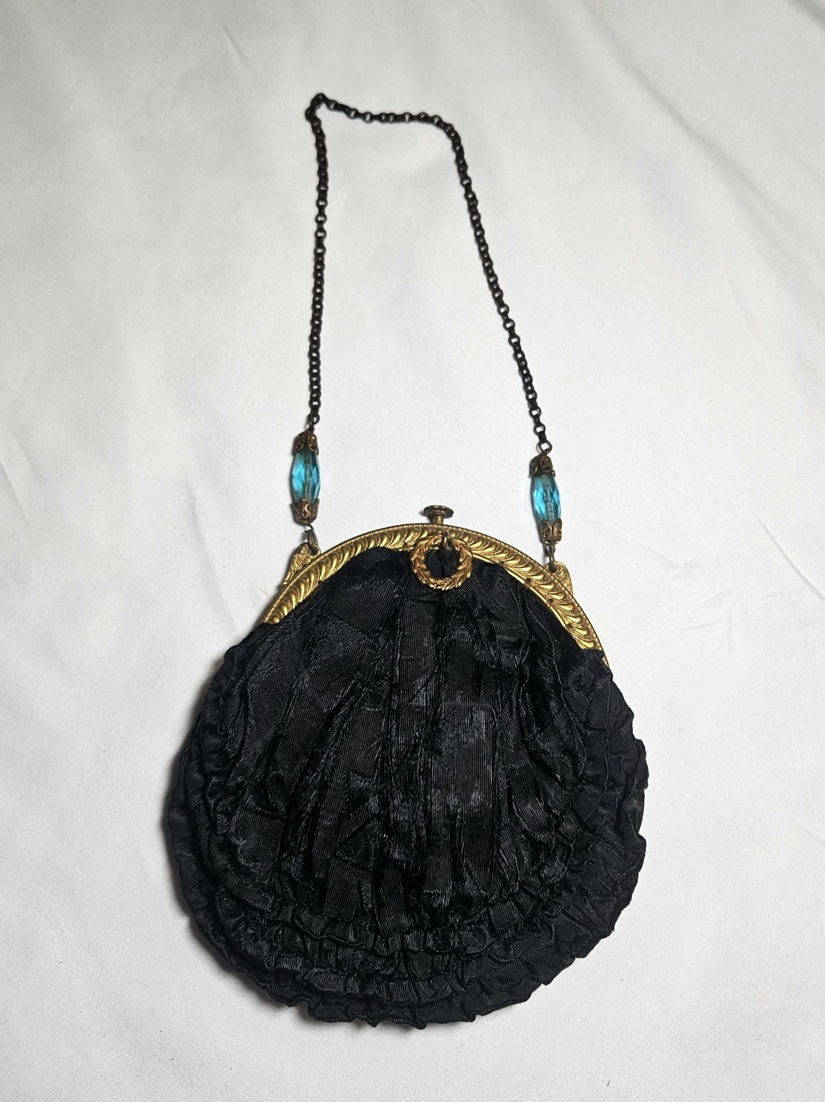 Antique Black Silk Purse Beveled Mirror Change Purse Glass Beads *READ* Antique Black Silk Purse Beveled Mirror Change Purse Glass Beads *READ*