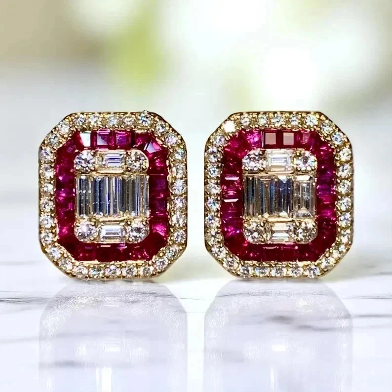fine 3.50 Ct Emerald Red Diamond & Ruby Cluster Stud Earrings 14k Gold Plated