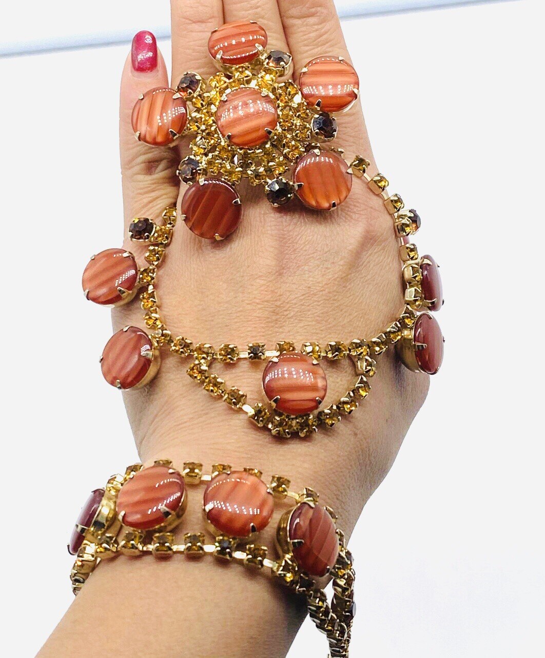 Vtg Unmarked Orange Art Glass Amber Rhinestone Brooch Pin Bracelet Necklace Set