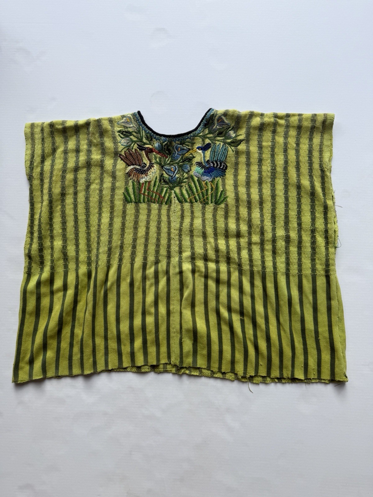 Vintage Guatemalan Huipil Tunic Hand Embroidered Birds Floral Green Striped Boho Vintage Guatemalan Huipil Tunic Hand Embroidered Birds Floral Green Striped Boho
