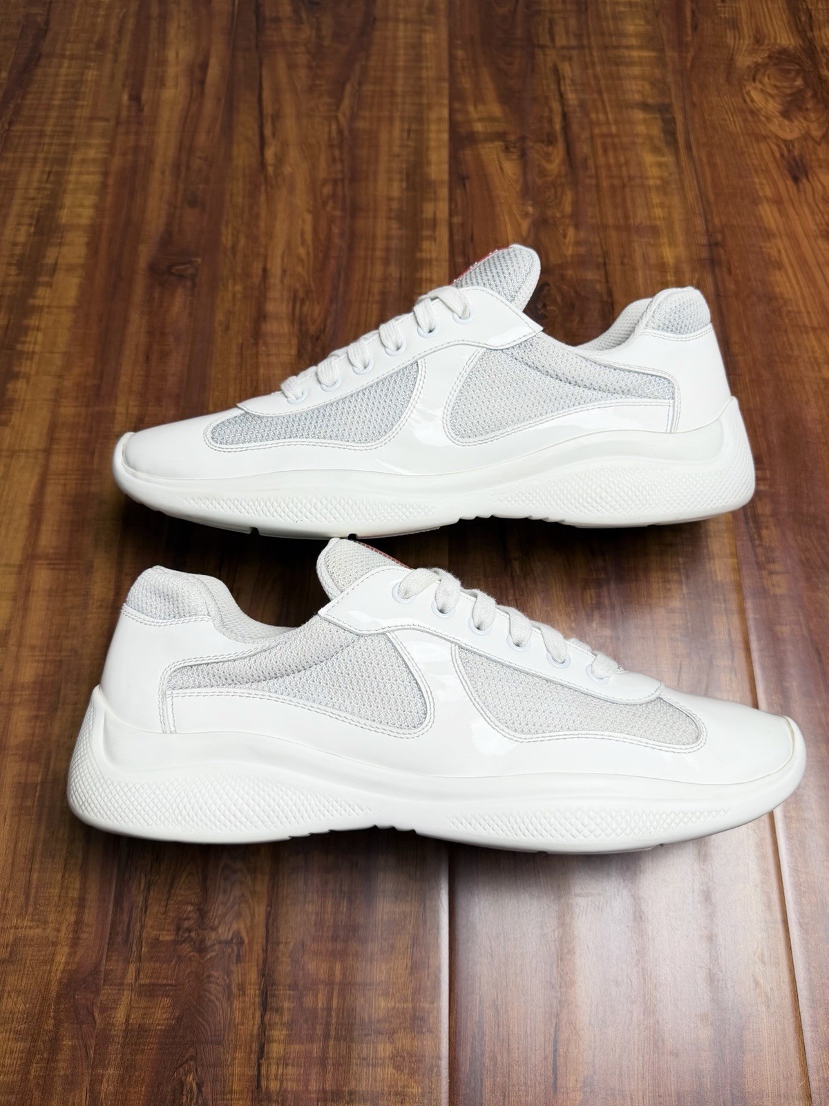 Prada American Cup Patent White Leather Grey Mens Sneakers - Size 6.5P 7.5US Prada American Cup Patent White Leather Grey Mens Sneakers - Size 6.5P 7.5US