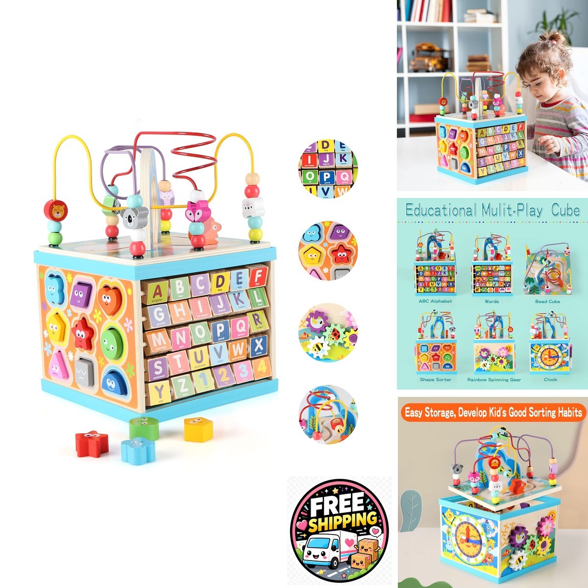 Qilay 5-in-1 Wooden Activity Cube for Toddlers 1-3 Large with Bead Maze & Shape Qilay 5-in-1 Wooden Activity Cube for Toddlers 1-3 Large with Bead Maze & Shape