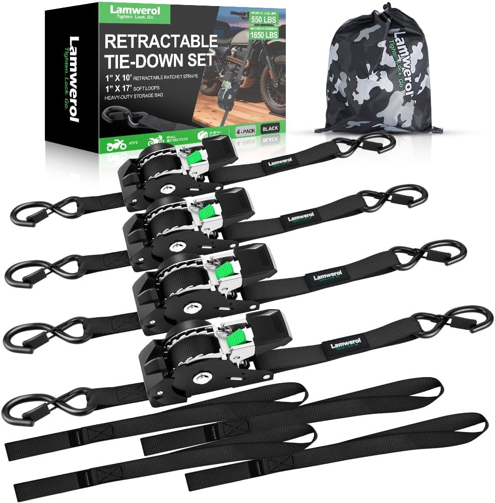 Rhino USA Retractable Ratchet Straps (4-Pack) - 1 Inch x 10 Feet (1,650lb Break