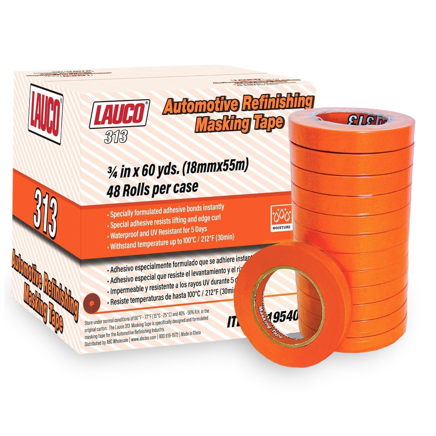 LAUCO Orange Automotive Refinishing Masking Tape 0.75 in x 60 yd (48 Rolls)