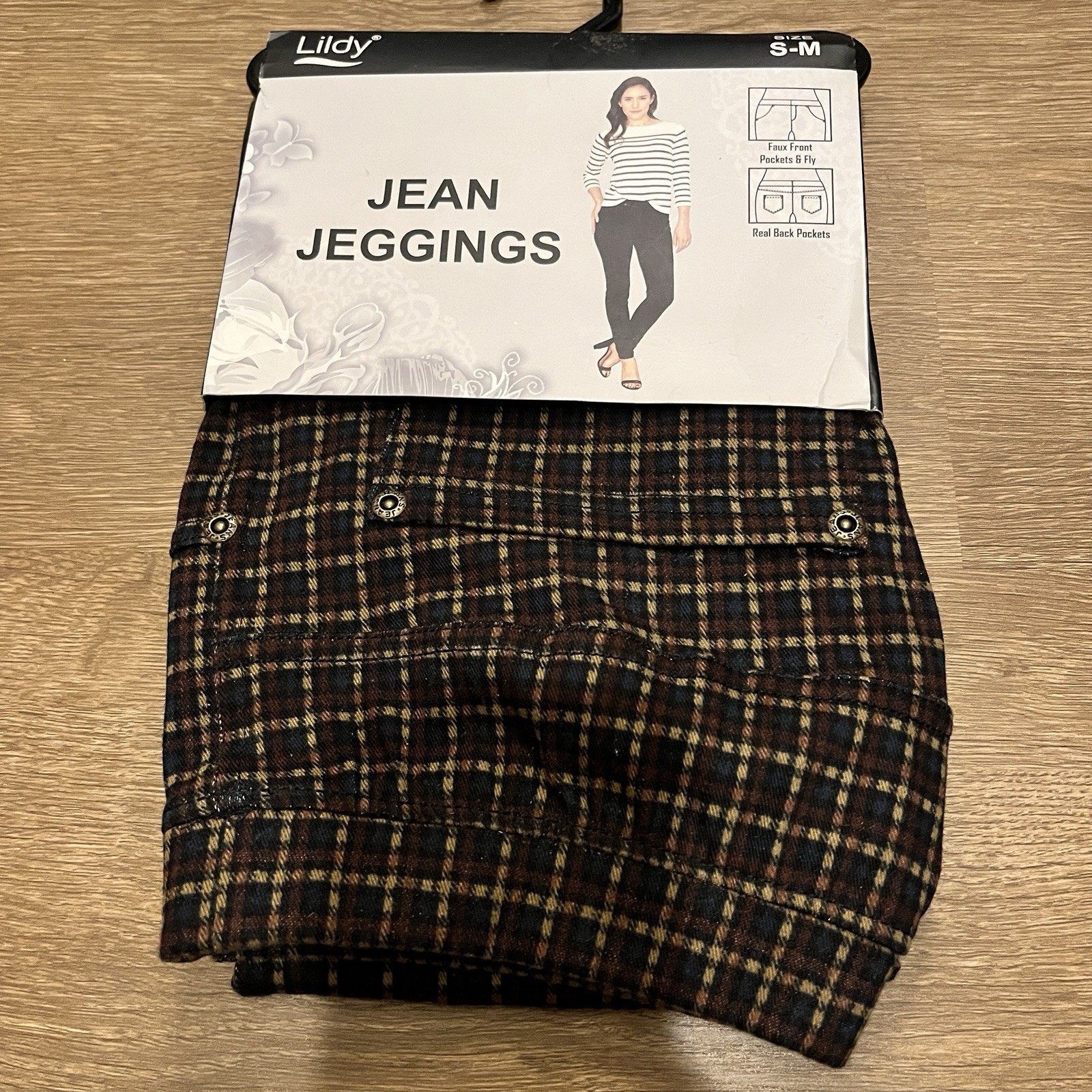 Lildy Plaid Jean Jeggings - Navy/Brown  (S-M)NWT