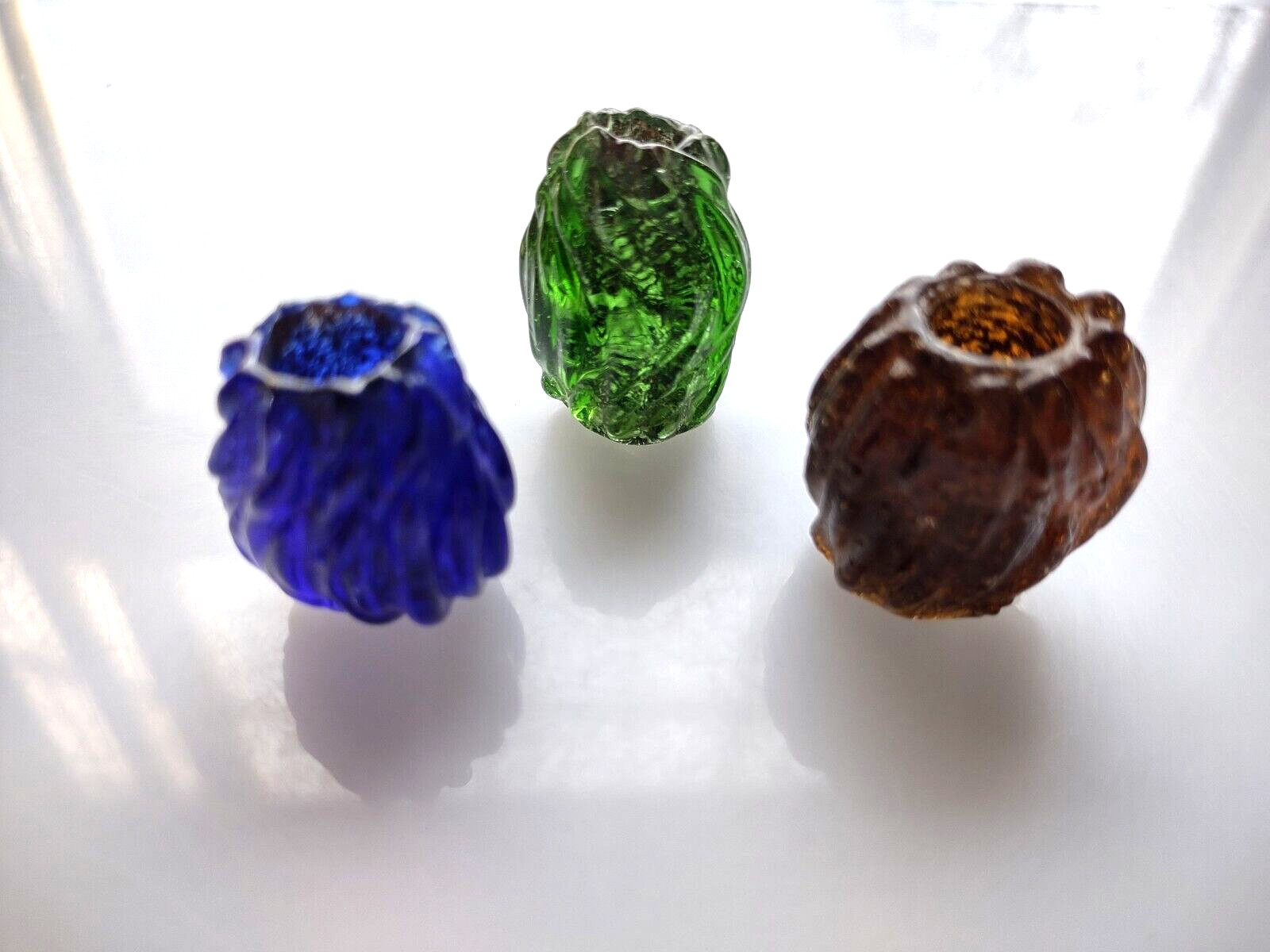 3 Antique Mid 1800\'s Large Rare American Glass Curtain Pulls Blue Green Lt Brown