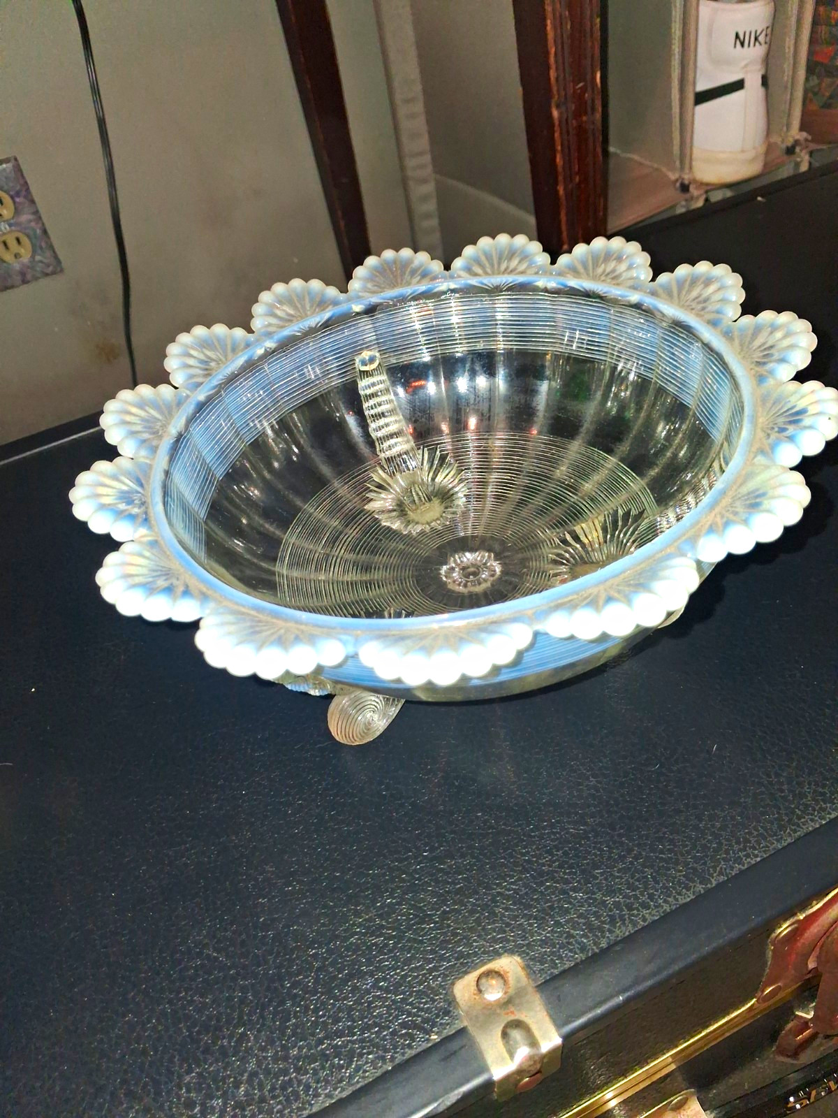 Antique Dugan / Northwood Glass Inverted Fan Feather Blue Opalescent Foote Berry Antique Dugan / Northwood Glass Inverted Fan Feather Blue Opalescent Foote Berry