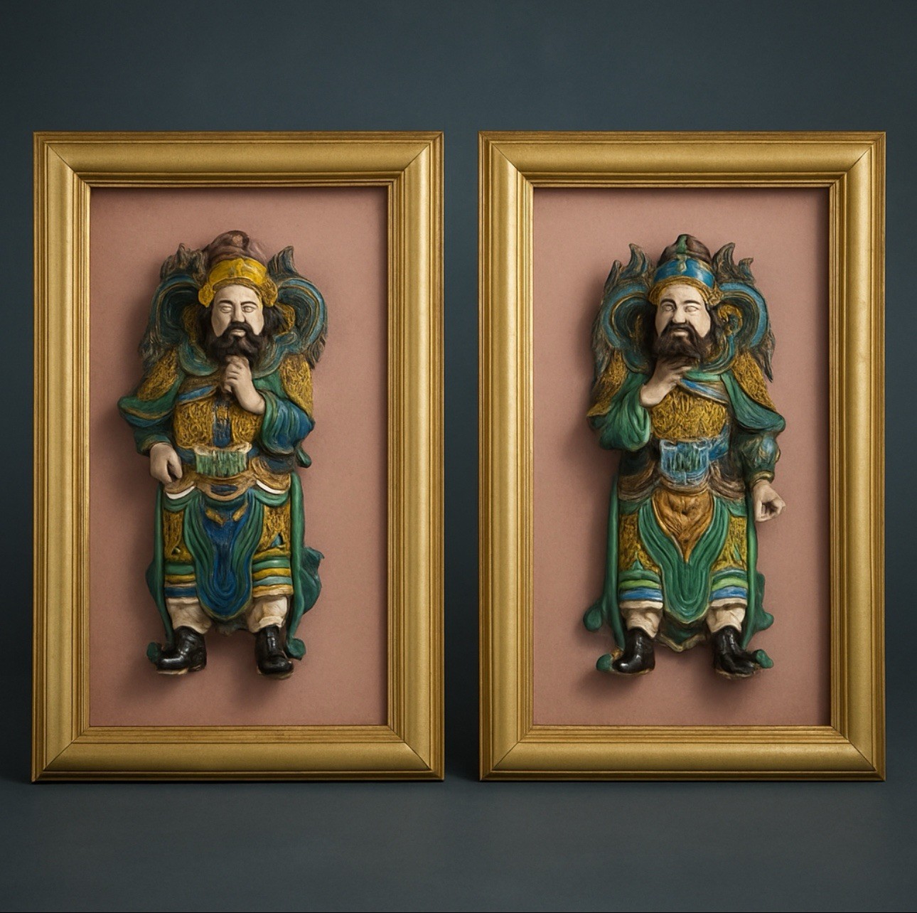 Pair Early 20th C. Qing Dynasty Chinese Warrior Glazed Porcelain Roof Tiles Rare