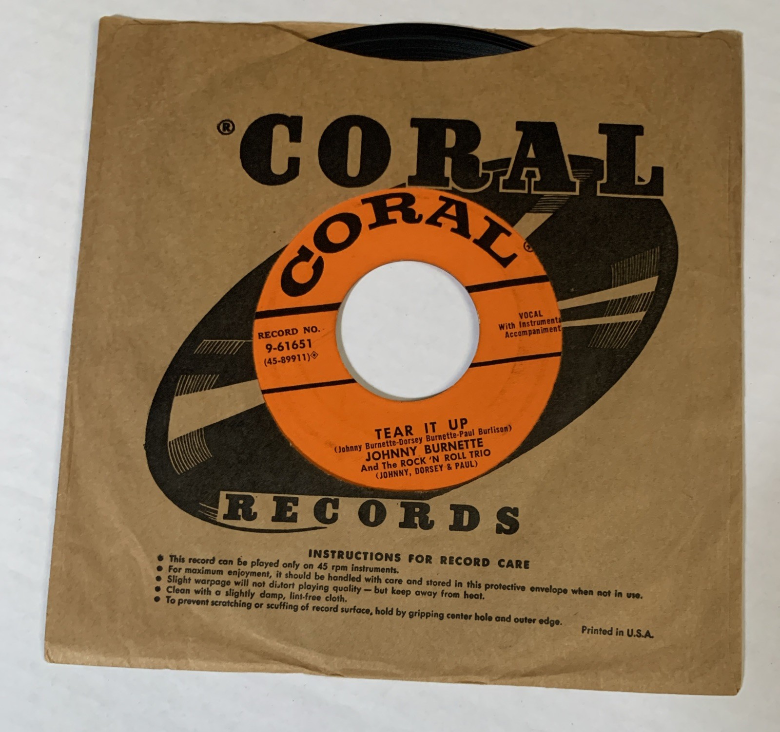JOHNNY BURNETTE AND THE ROCK \'N\' ROLL TRIO Tear It Up 1956 CORAL 45 ROCKABILLY JOHNNY BURNETTE AND THE ROCK \'N\' ROLL TRIO Tear It Up 1956 CORAL 45 ROCKABILLY