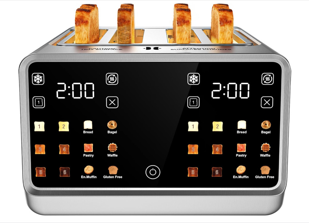 Tostadora 4 Rebanadas 1800W con Doble Pantalla Táctil y Ranuras Anchas