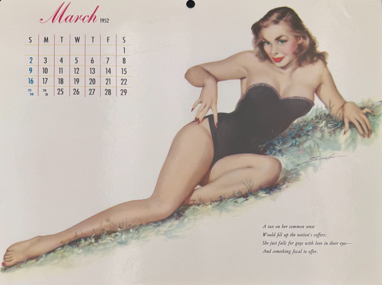 Mauro Scali March 1952 Esquire Pin Up Calendar Original Vintage 8x11