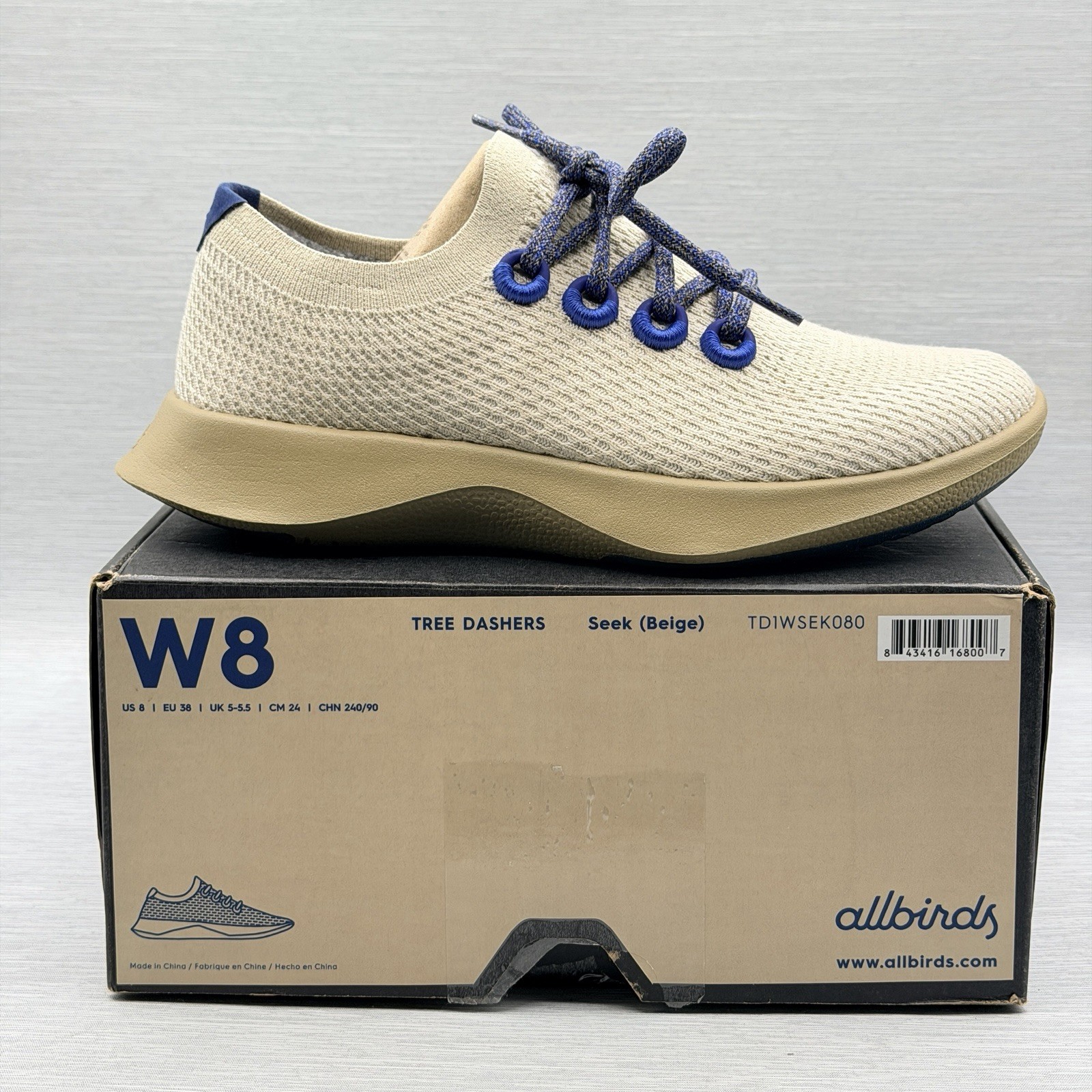 Allbirds Tree Dashers Women\'s 8 Beige Blue Running Sneakers Lightweight NIB
